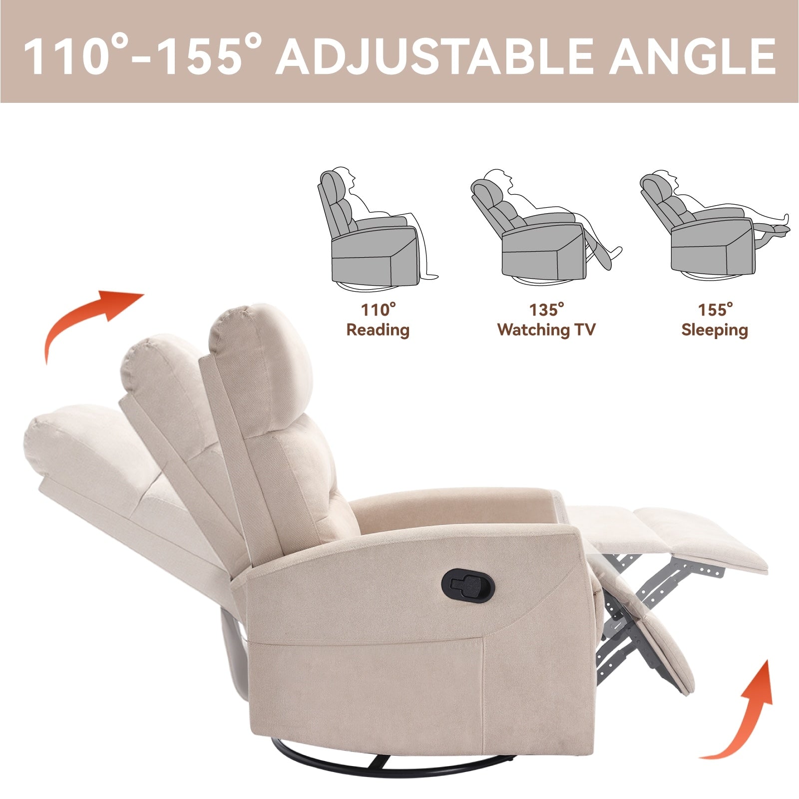 Fauteuil inclinable manuel à bascule et pivotant en tissu pour salon