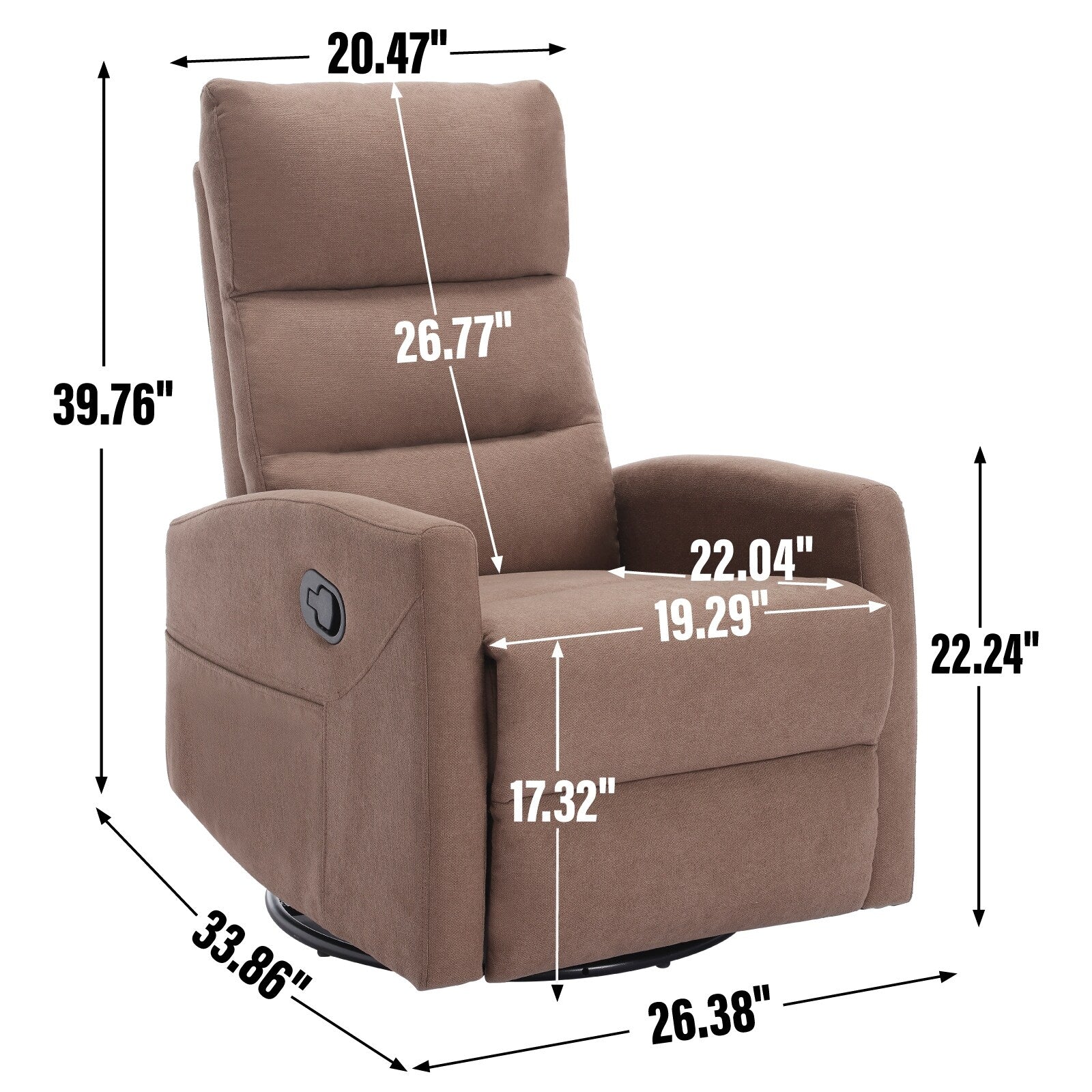 Fauteuil inclinable manuel à bascule et pivotant en tissu pour salon