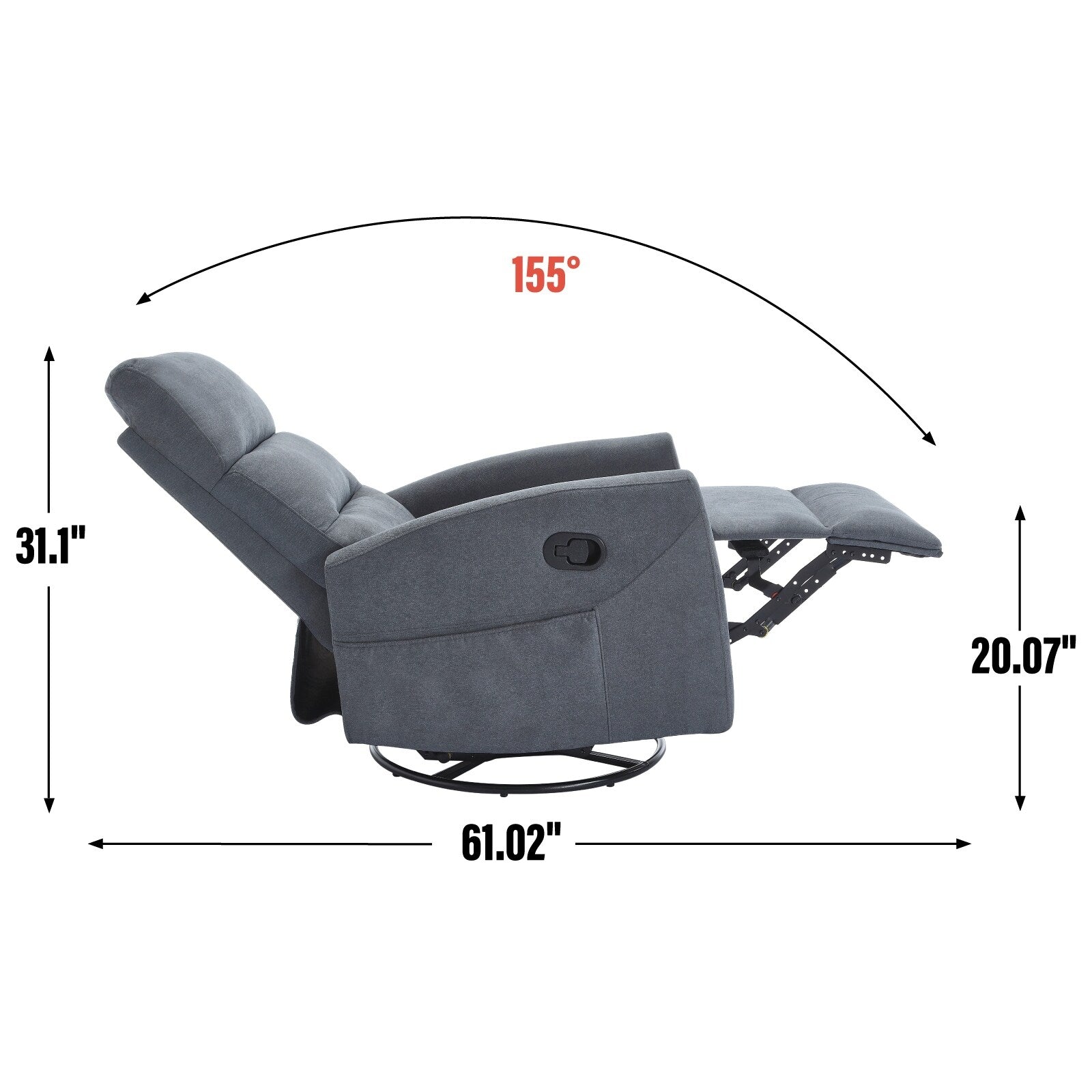 Fauteuil inclinable manuel à bascule et pivotant en tissu pour salon