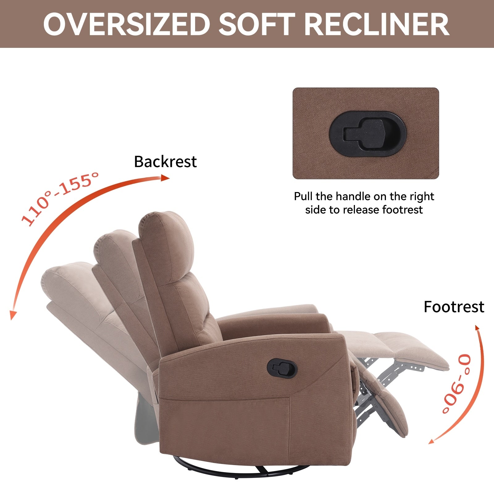 Fauteuil inclinable manuel à bascule et pivotant en tissu pour salon