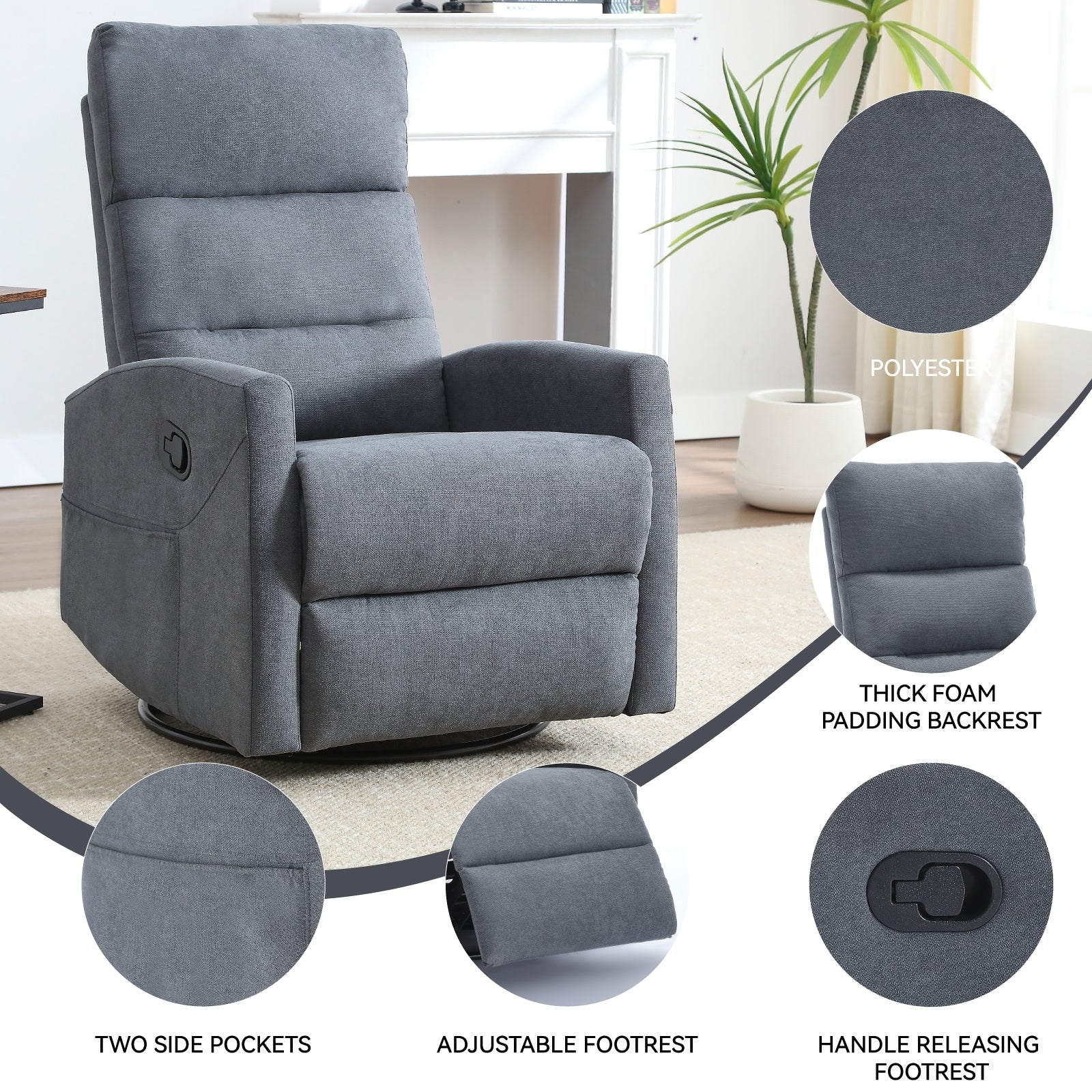 Fauteuil inclinable manuel à bascule et pivotant en tissu pour salon