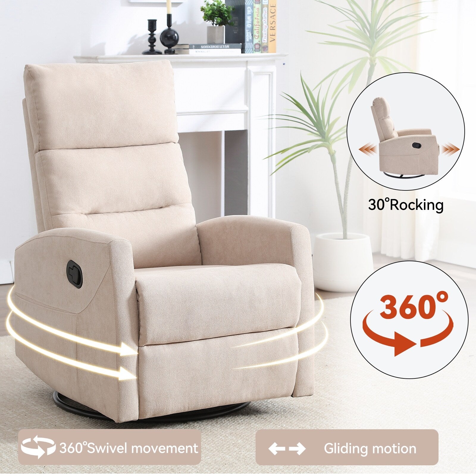 Fauteuil inclinable manuel à bascule et pivotant en tissu pour salon