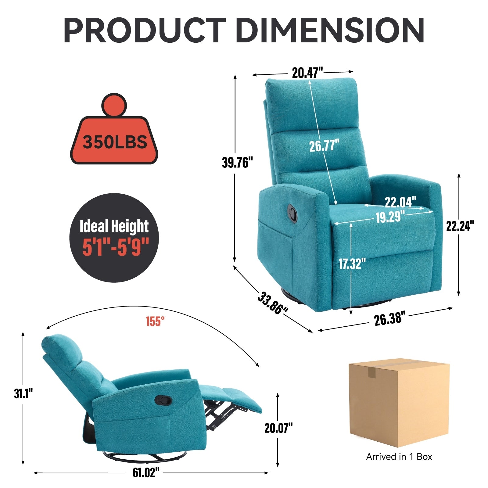 Fauteuil inclinable manuel à bascule et pivotant en tissu pour salon