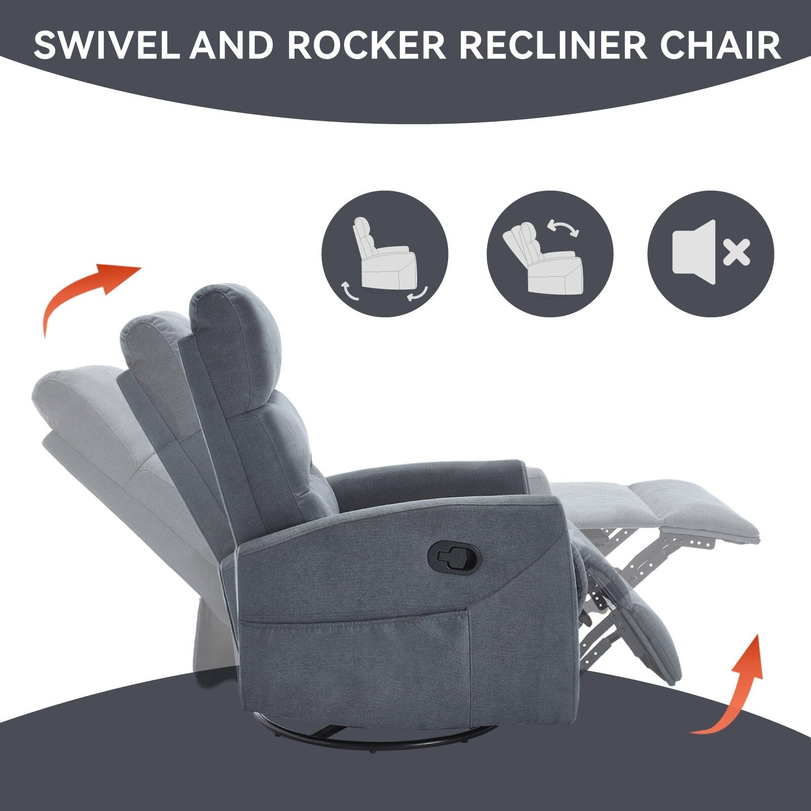 Fauteuil inclinable manuel à bascule et pivotant en tissu pour salon