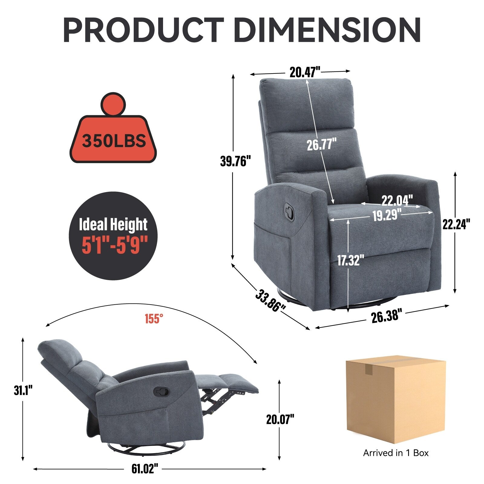 Fauteuil inclinable manuel à bascule et pivotant en tissu pour salon