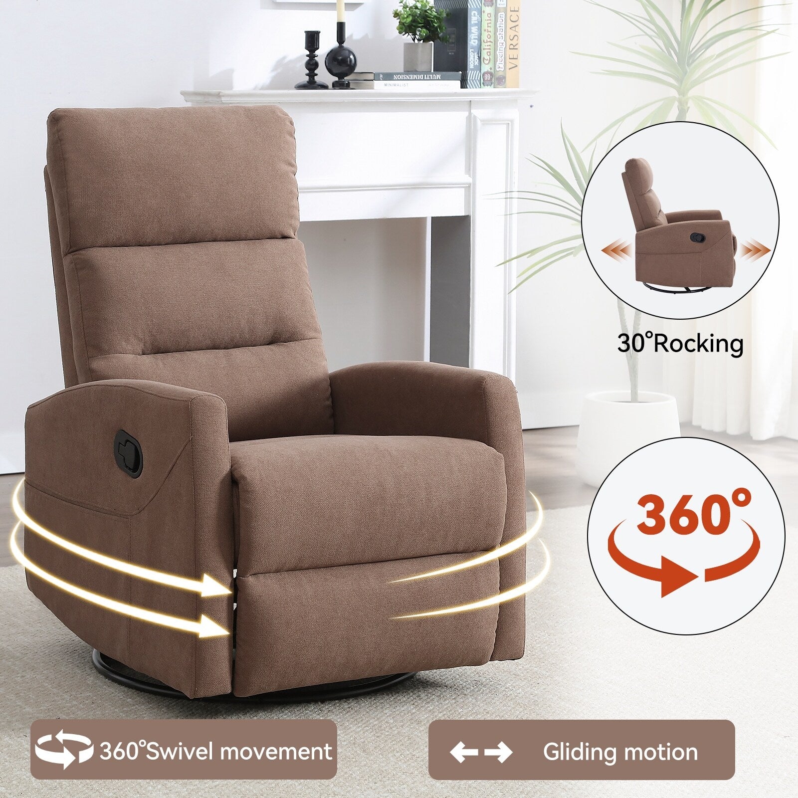 Fauteuil inclinable manuel à bascule et pivotant en tissu pour salon
