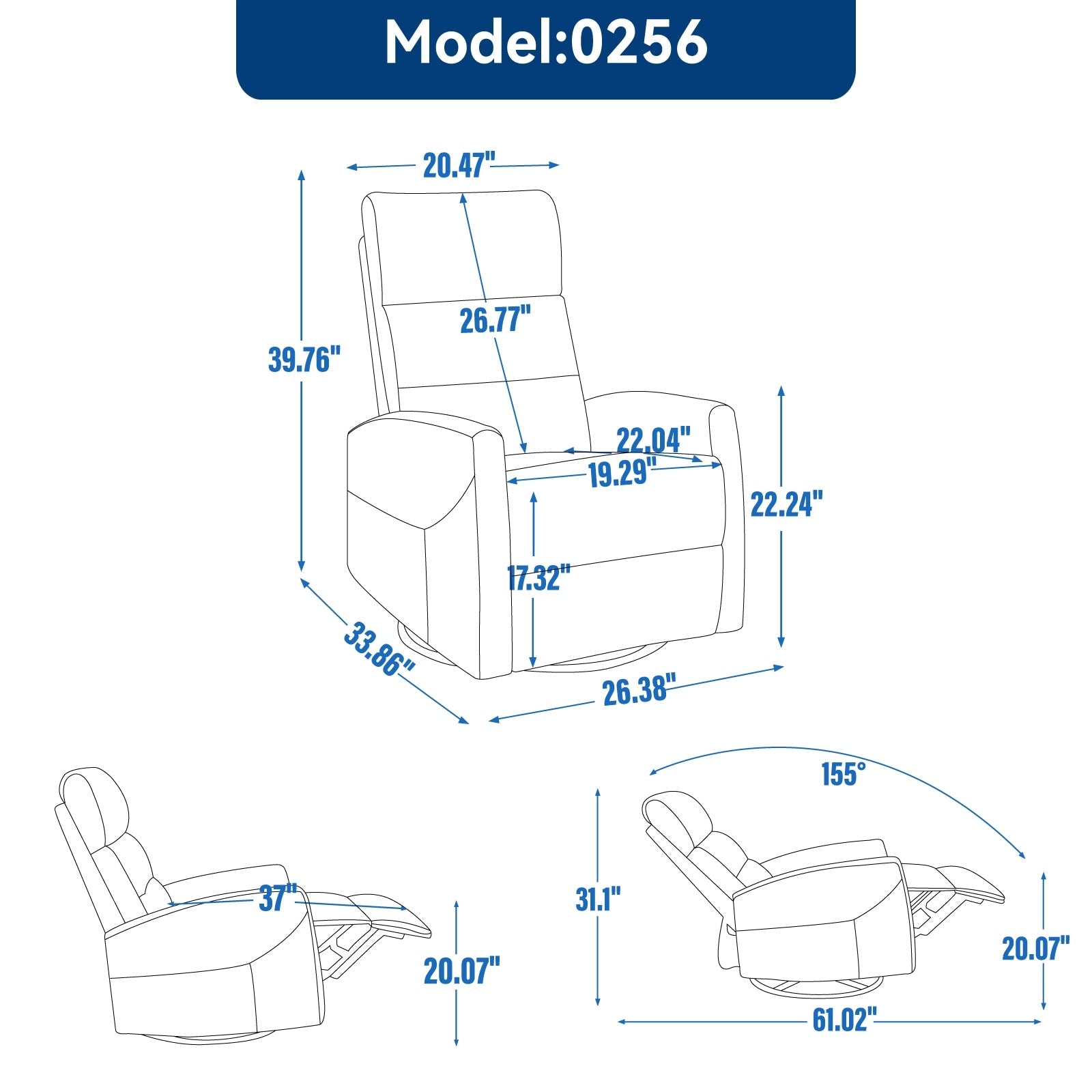 Fauteuil inclinable manuel à bascule et pivotant en tissu pour salon