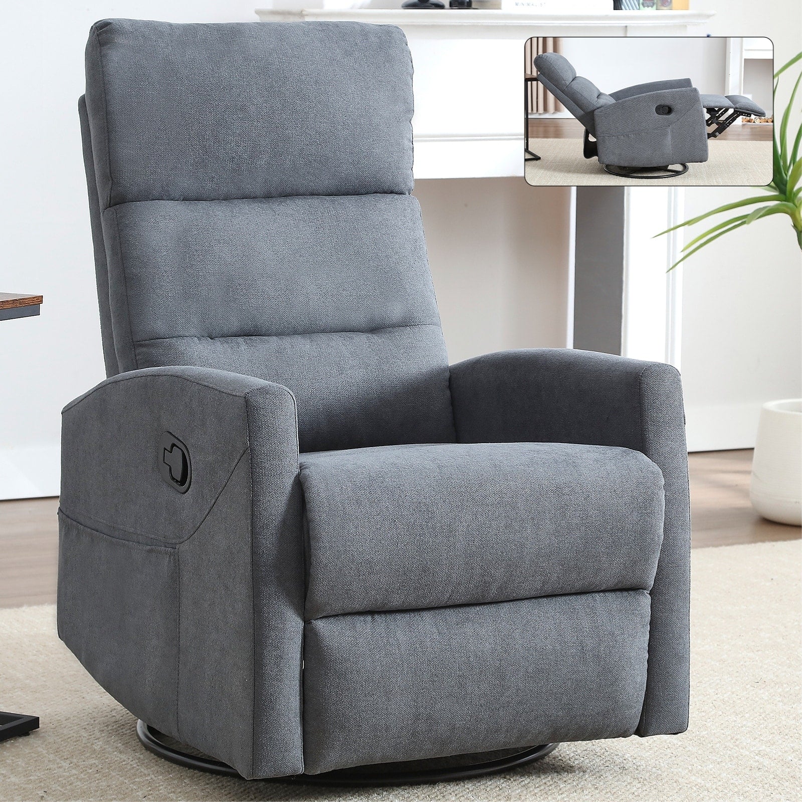 Fauteuil inclinable manuel à bascule et pivotant en tissu pour salon