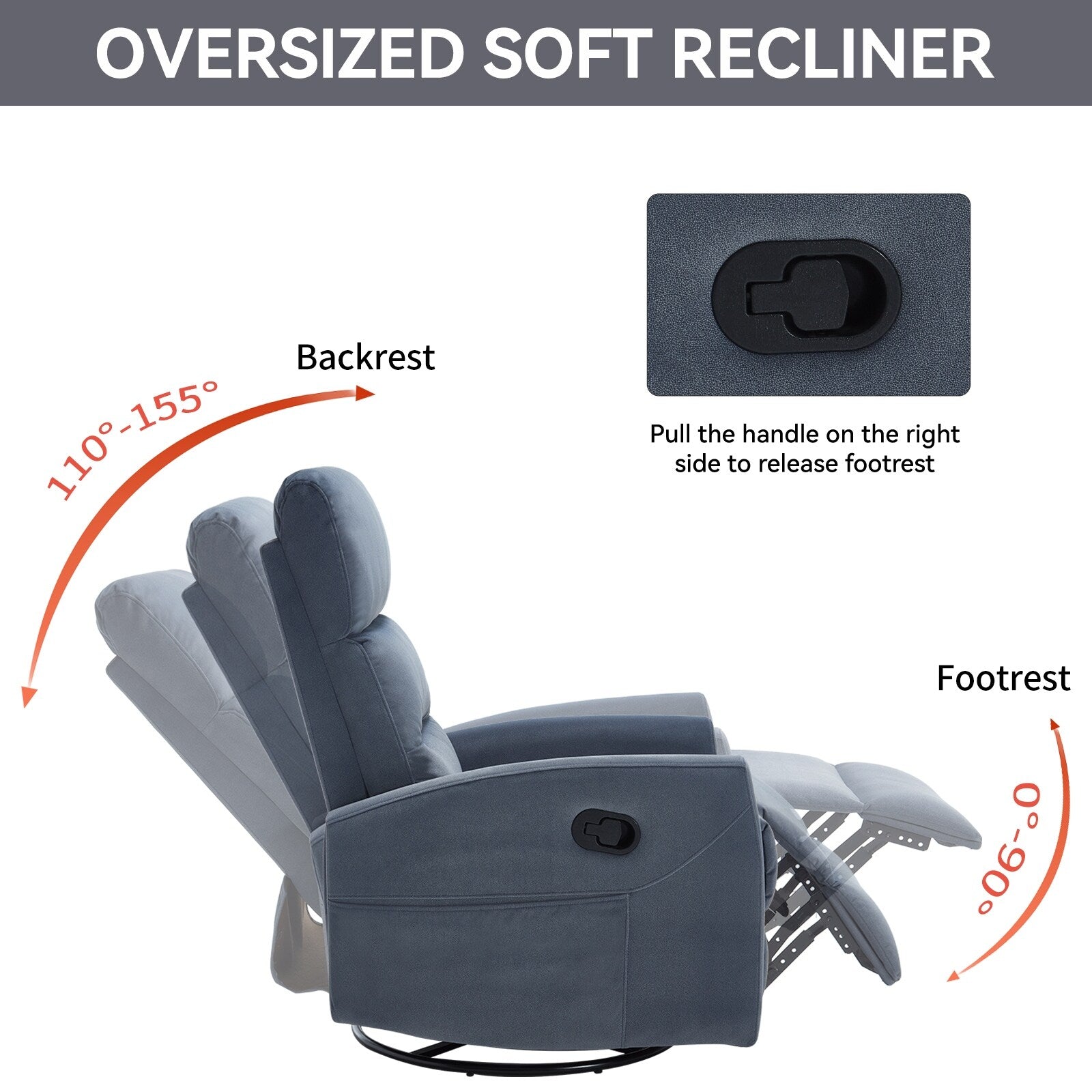 Fauteuil inclinable manuel à bascule et pivotant en tissu pour salon