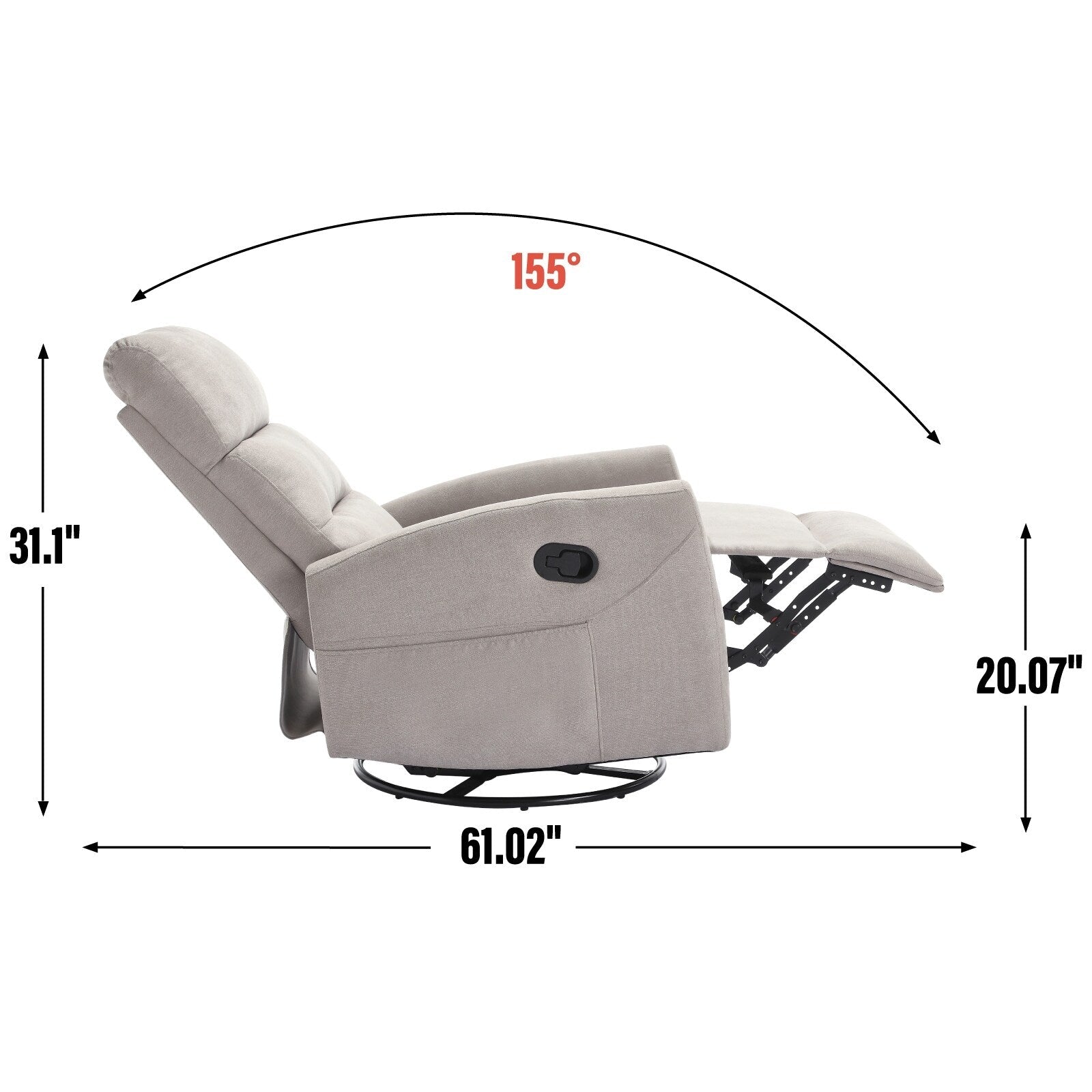 Fauteuil inclinable manuel à bascule et pivotant en tissu pour salon