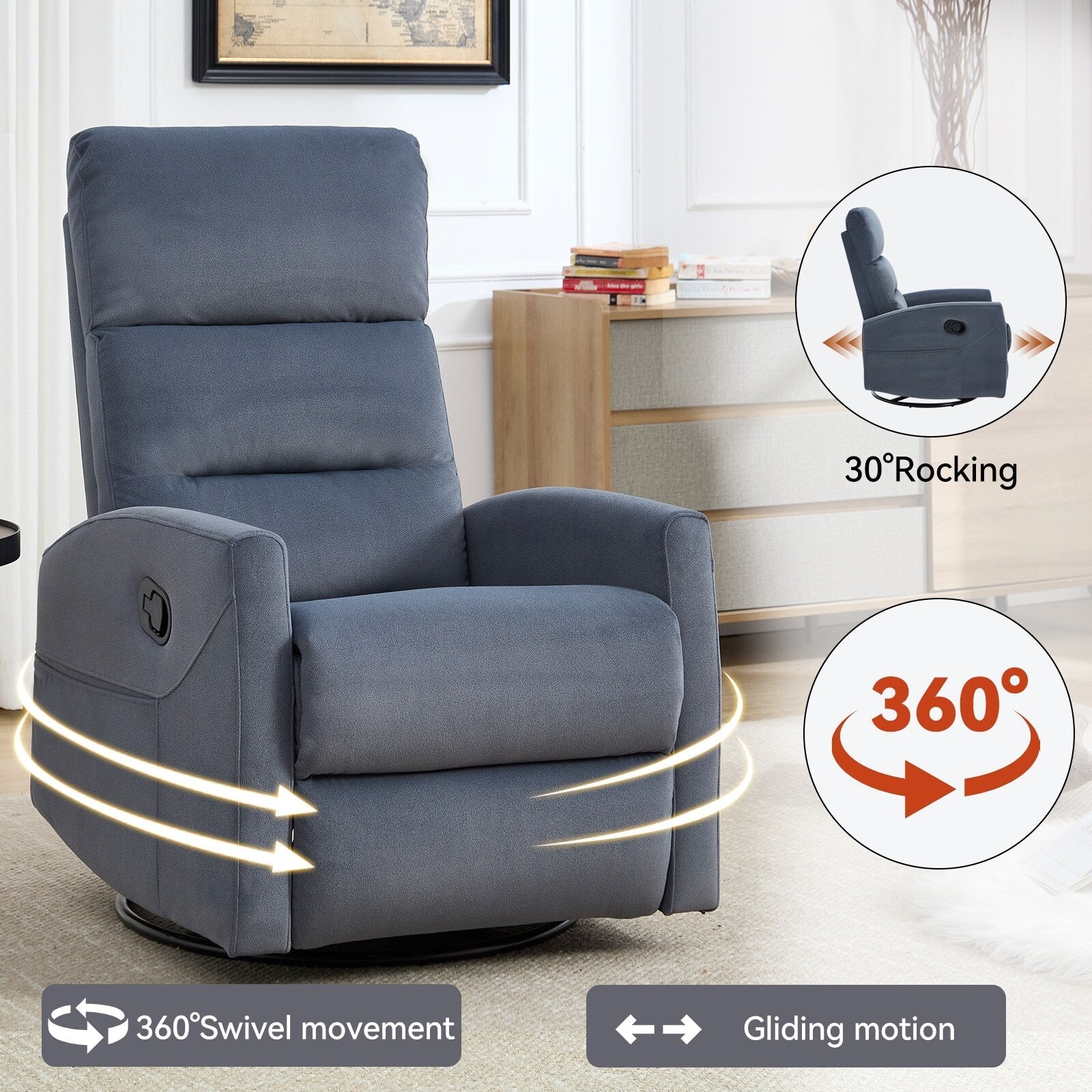 Fauteuil inclinable manuel à bascule et pivotant en tissu pour salon