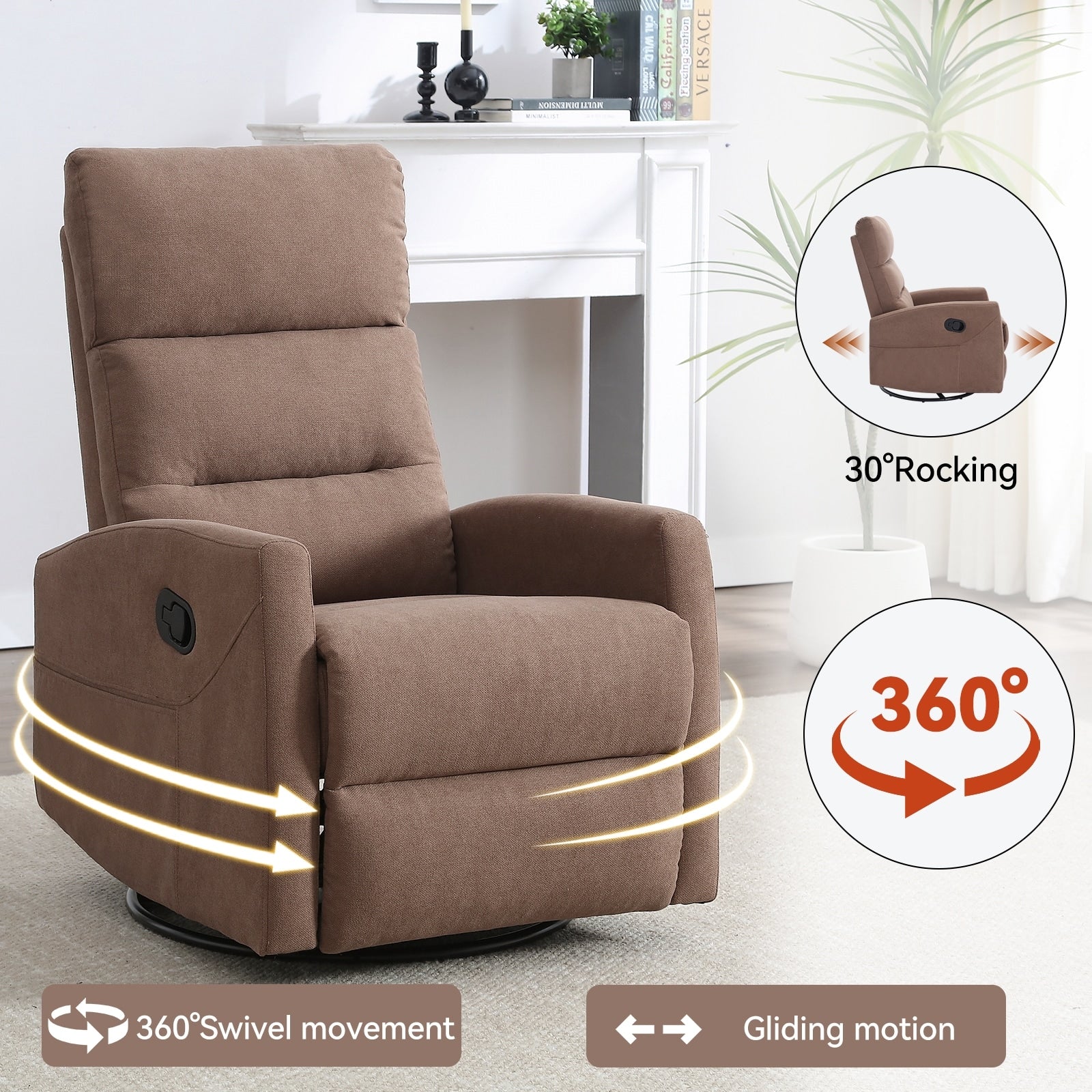 Fauteuil inclinable manuel à bascule et pivotant en tissu pour salon