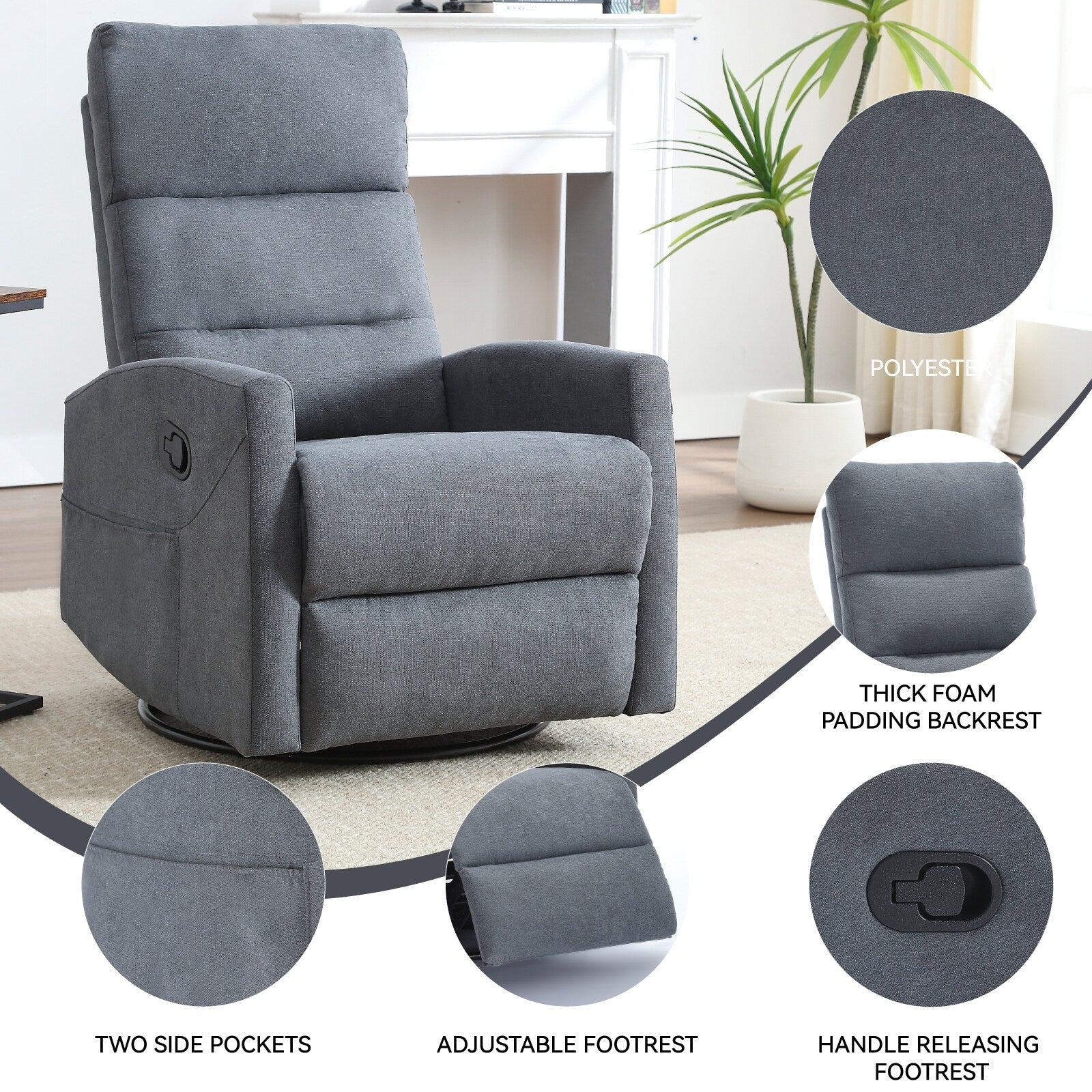 Fauteuil inclinable manuel à bascule et pivotant en tissu pour salon