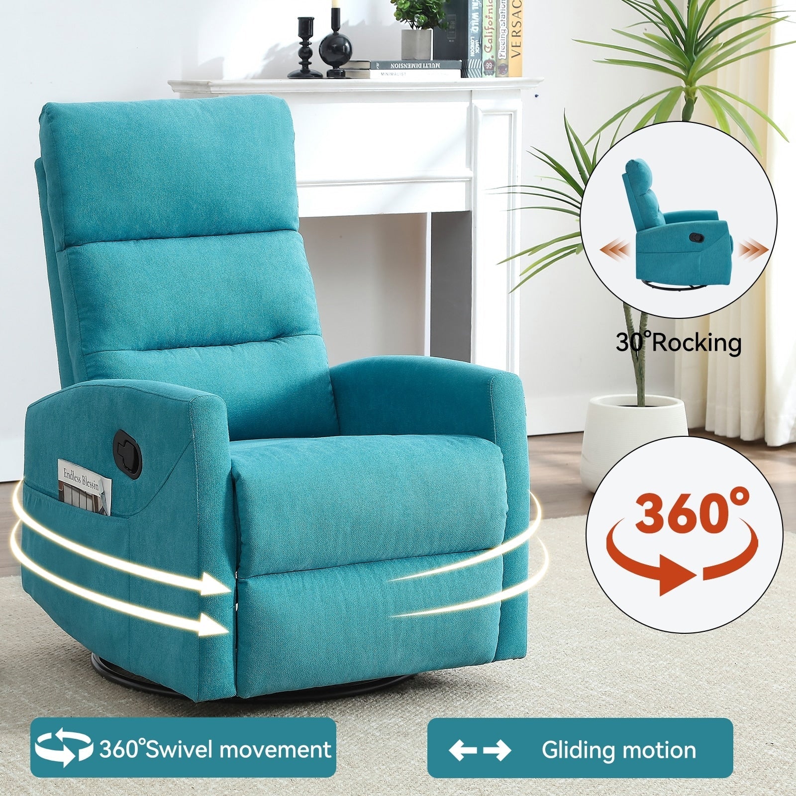 Fauteuil inclinable manuel à bascule et pivotant en tissu pour salon