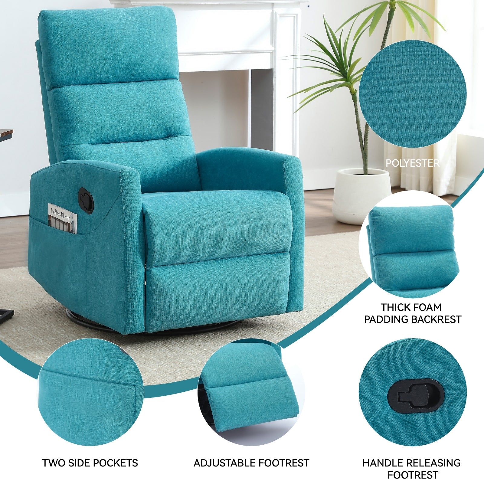 Fauteuil inclinable manuel à bascule et pivotant en tissu pour salon