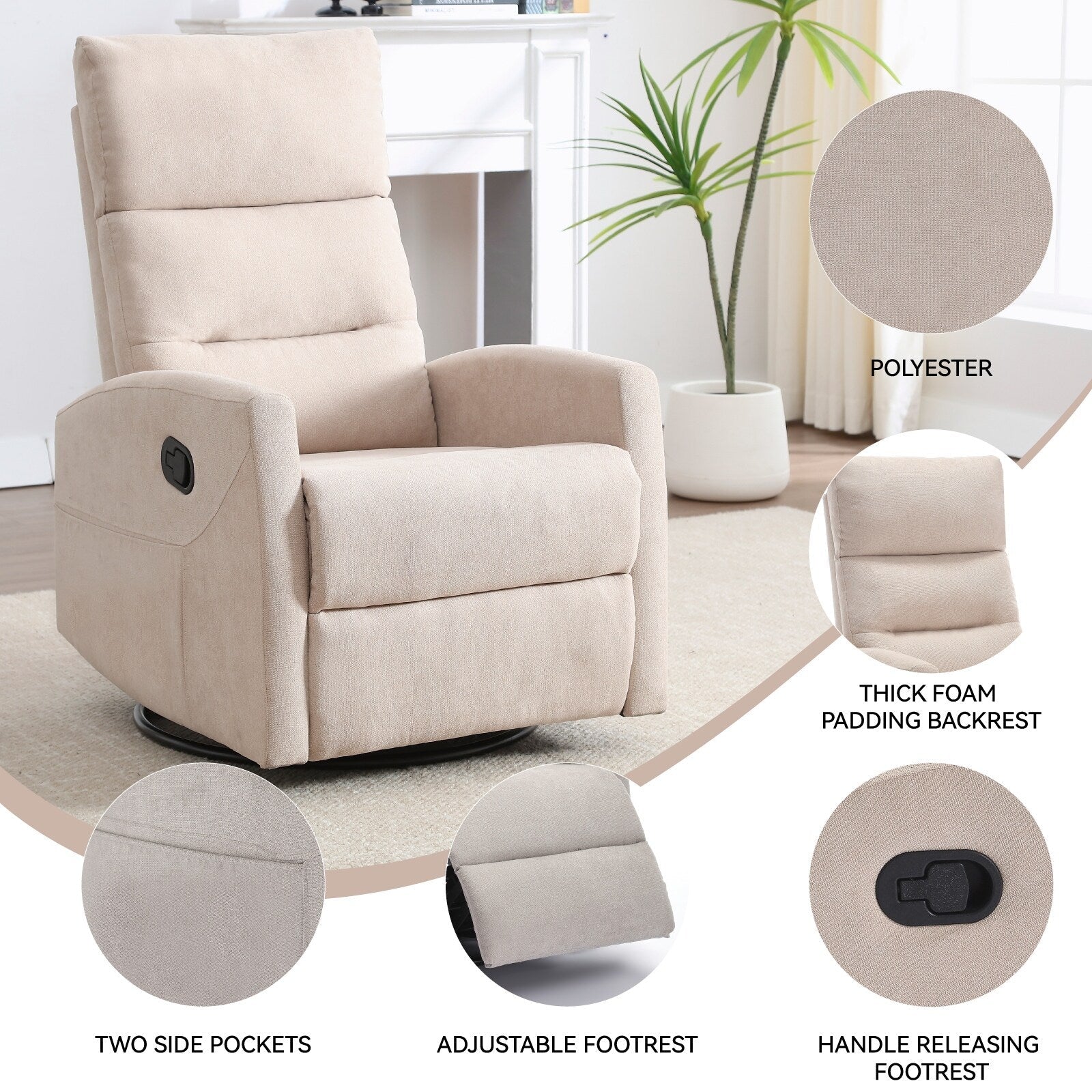 Fauteuil inclinable manuel pivotant et basculant, fauteuil inclinable en tissu respirant, fauteuils inclinables pour petits espaces