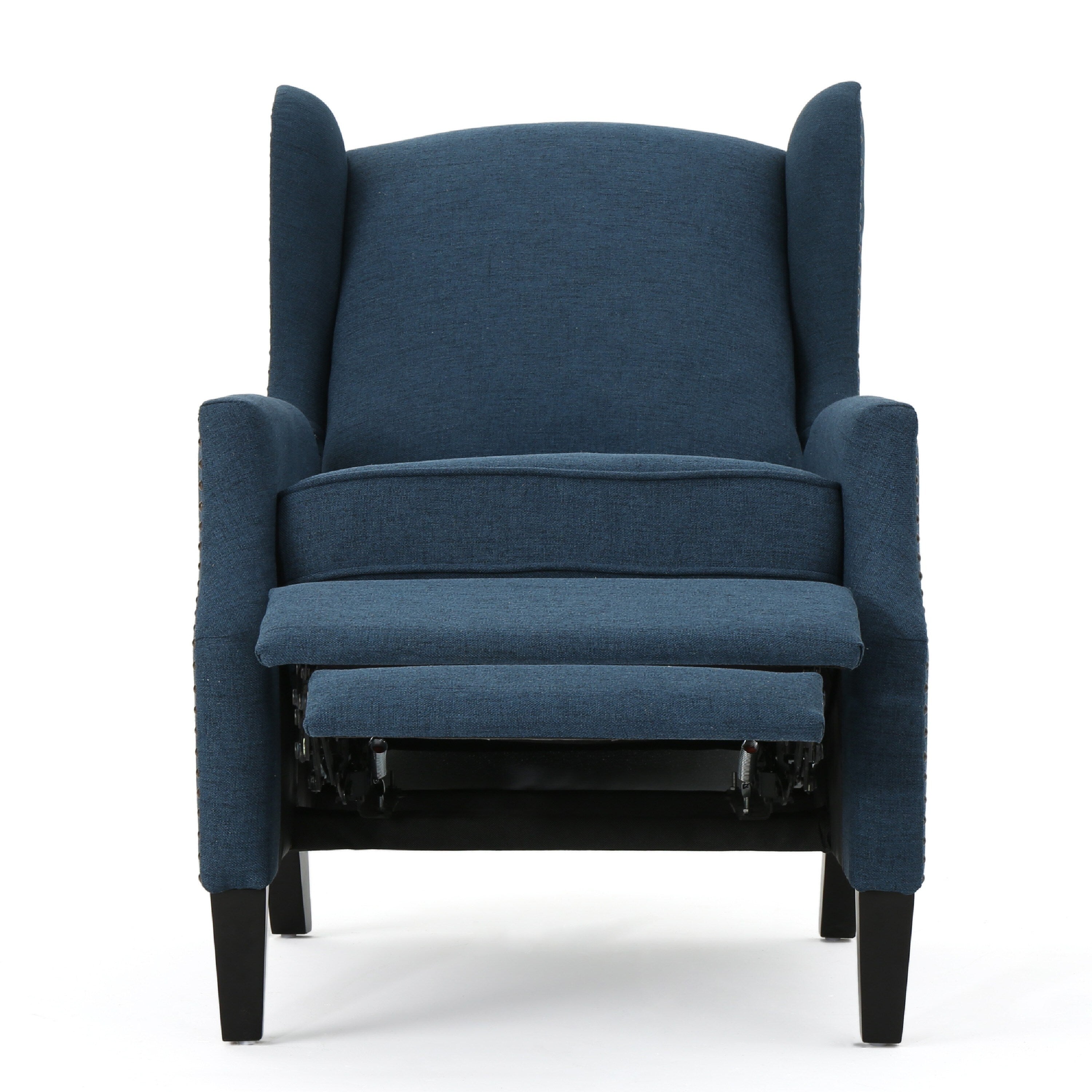 Fauteuil inclinable manuel, dossier à oreilles et garniture cloutée, polyester bleu marine
