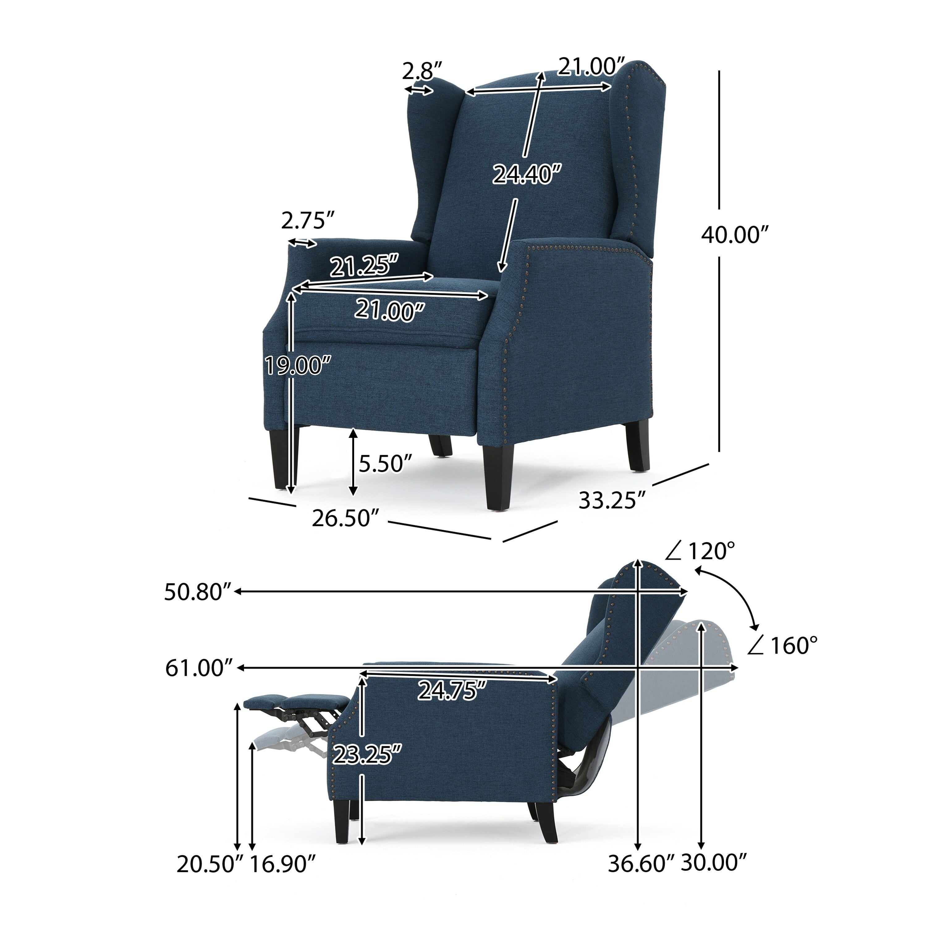Fauteuil inclinable manuel, dossier à oreilles et garniture cloutée, polyester bleu marine