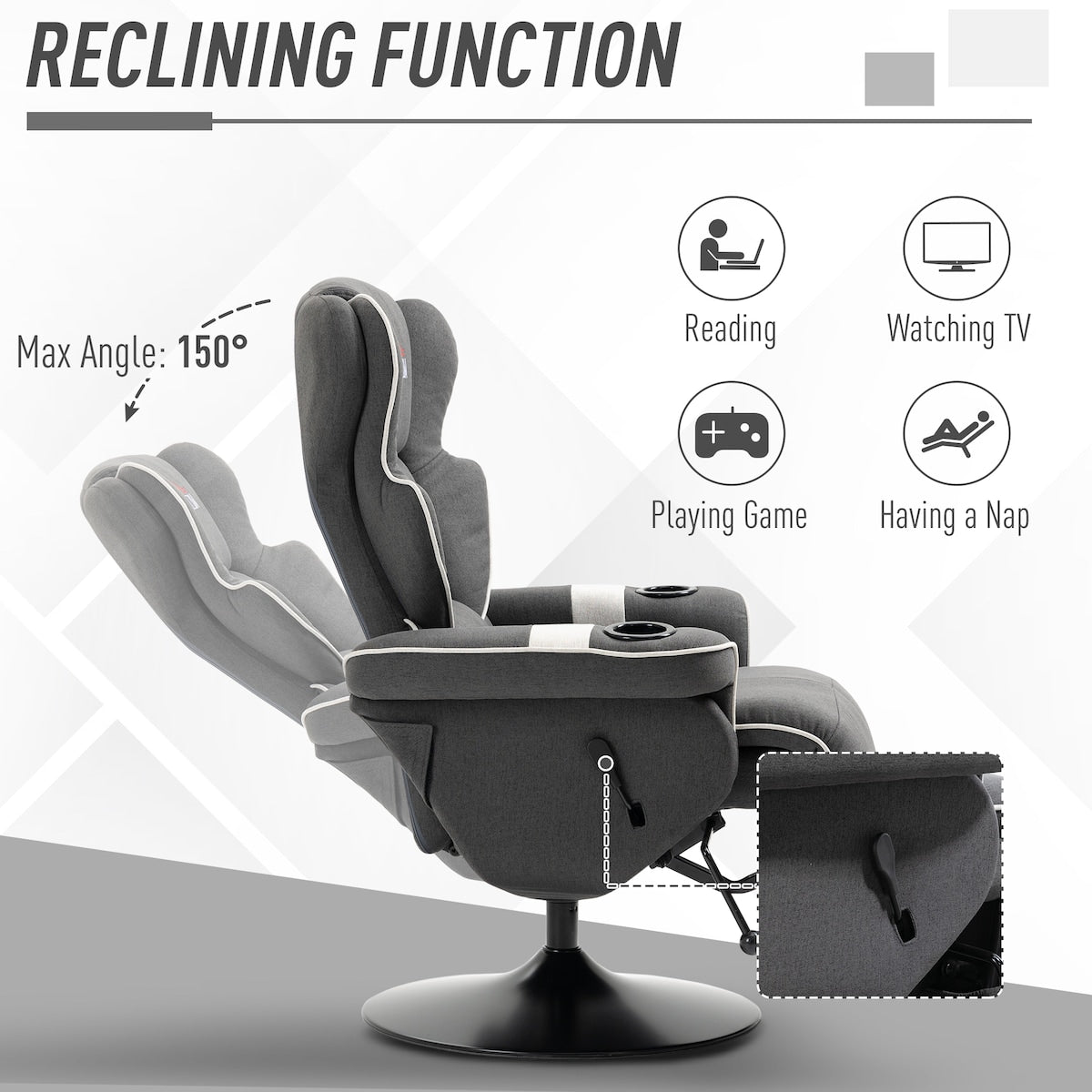 Fauteuil inclinable manuel, pivotant, avec repose-pieds et deux porte-gobelets, pour salon, noir