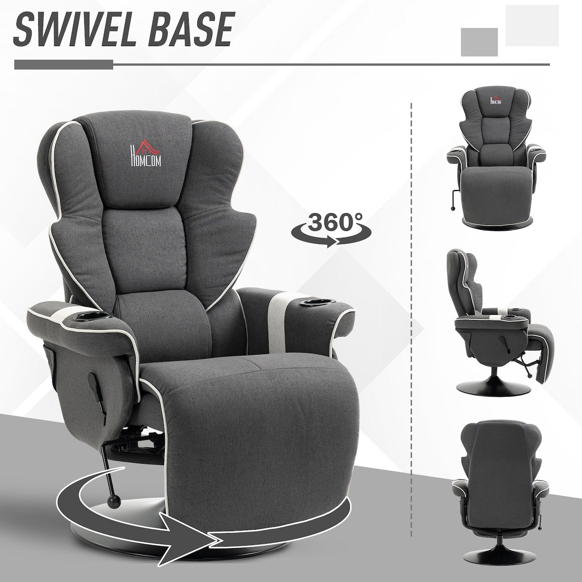 Fauteuil inclinable manuel, pivotant, avec repose-pieds et deux porte-gobelets, pour salon, noir