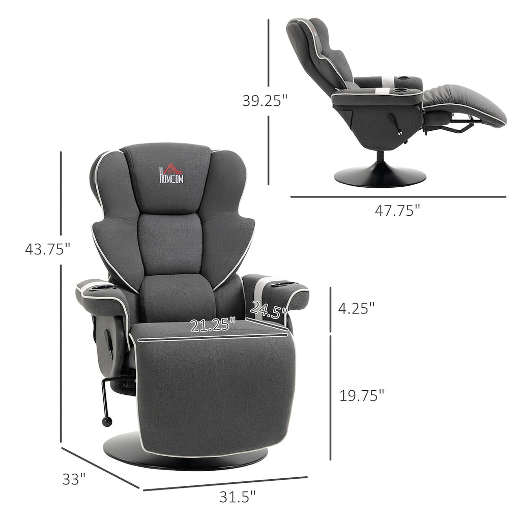 Fauteuil inclinable manuel, pivotant, avec repose-pieds et deux porte-gobelets, pour salon, noir