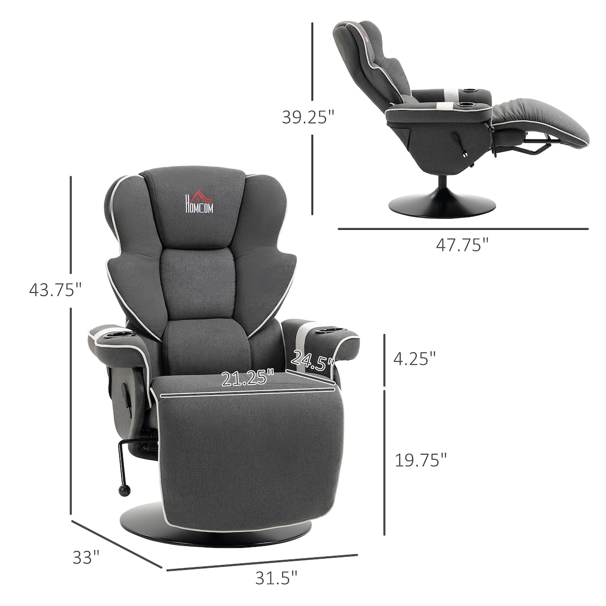 Fauteuil inclinable manuel, pivotant, avec repose-pieds et deux porte-gobelets, pour salon, noir
