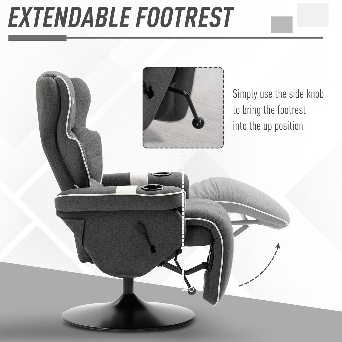 Fauteuil inclinable manuel, pivotant, avec repose-pieds et deux porte-gobelets, pour salon, noir