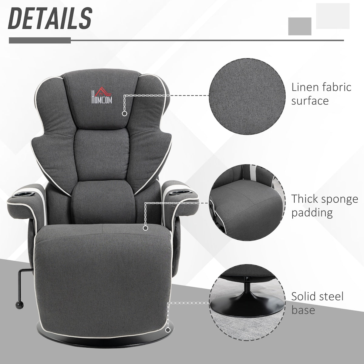 Fauteuil inclinable manuel, pivotant, avec repose-pieds et deux porte-gobelets, pour salon, noir