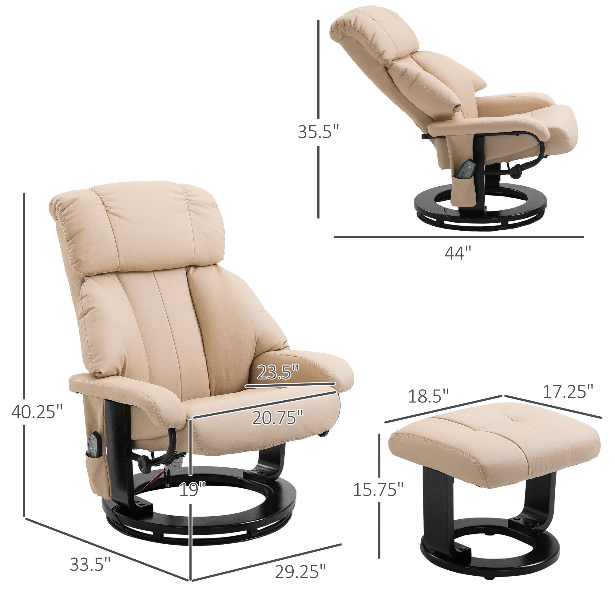 Fauteuil de massage inclinable manuel pivotant à 360° en cuir PU avec repose-pieds, vibration à 10 points, télécommande et poche latérale