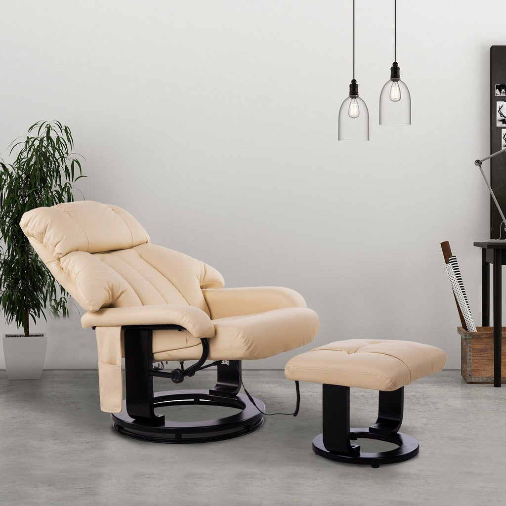 Fauteuil de massage inclinable manuel pivotant à 360° en cuir PU avec repose-pieds, vibration à 10 points, télécommande et poche latérale