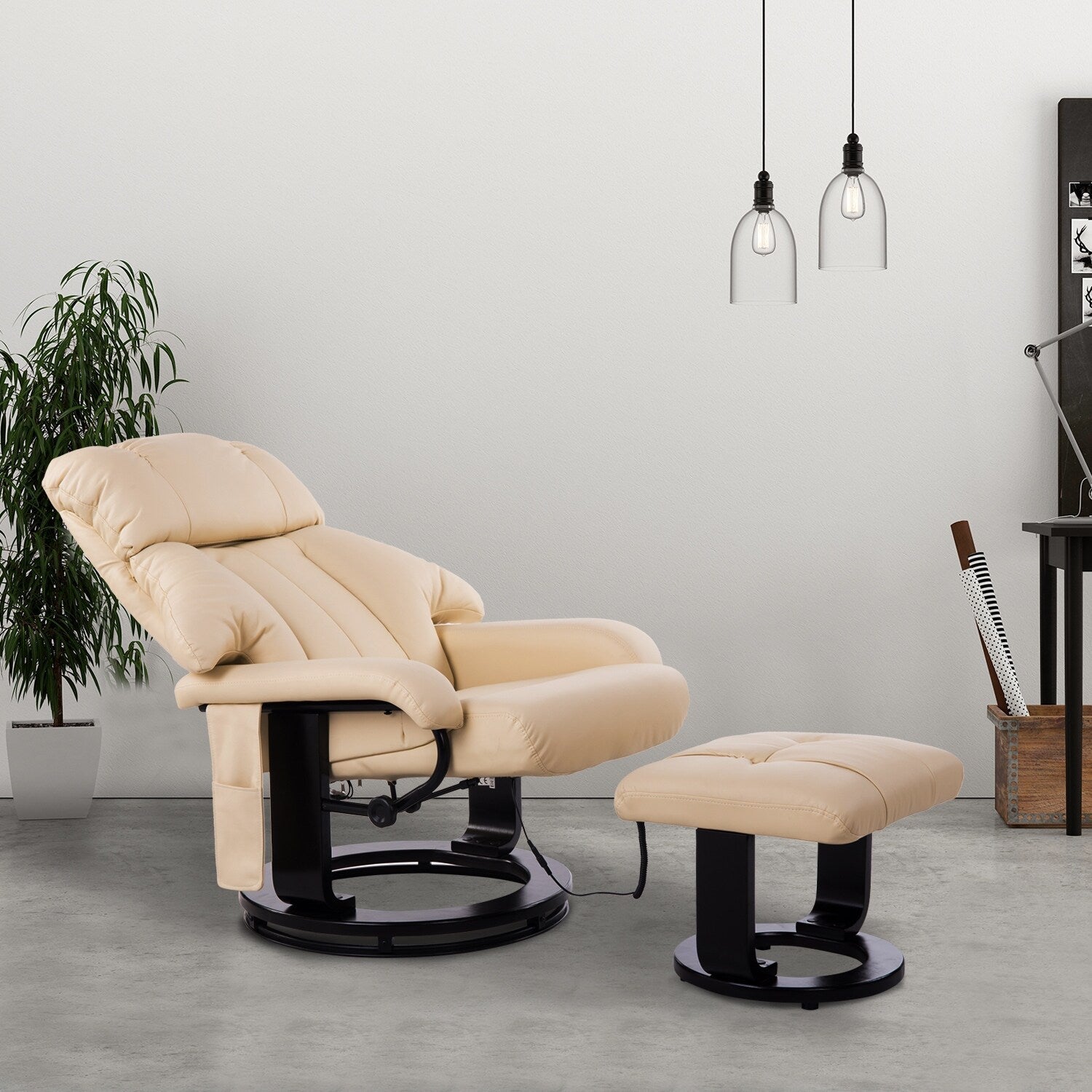 Fauteuil de massage inclinable manuel pivotant à 360° en cuir PU avec repose-pieds, vibration à 10 points, télécommande et poche latérale