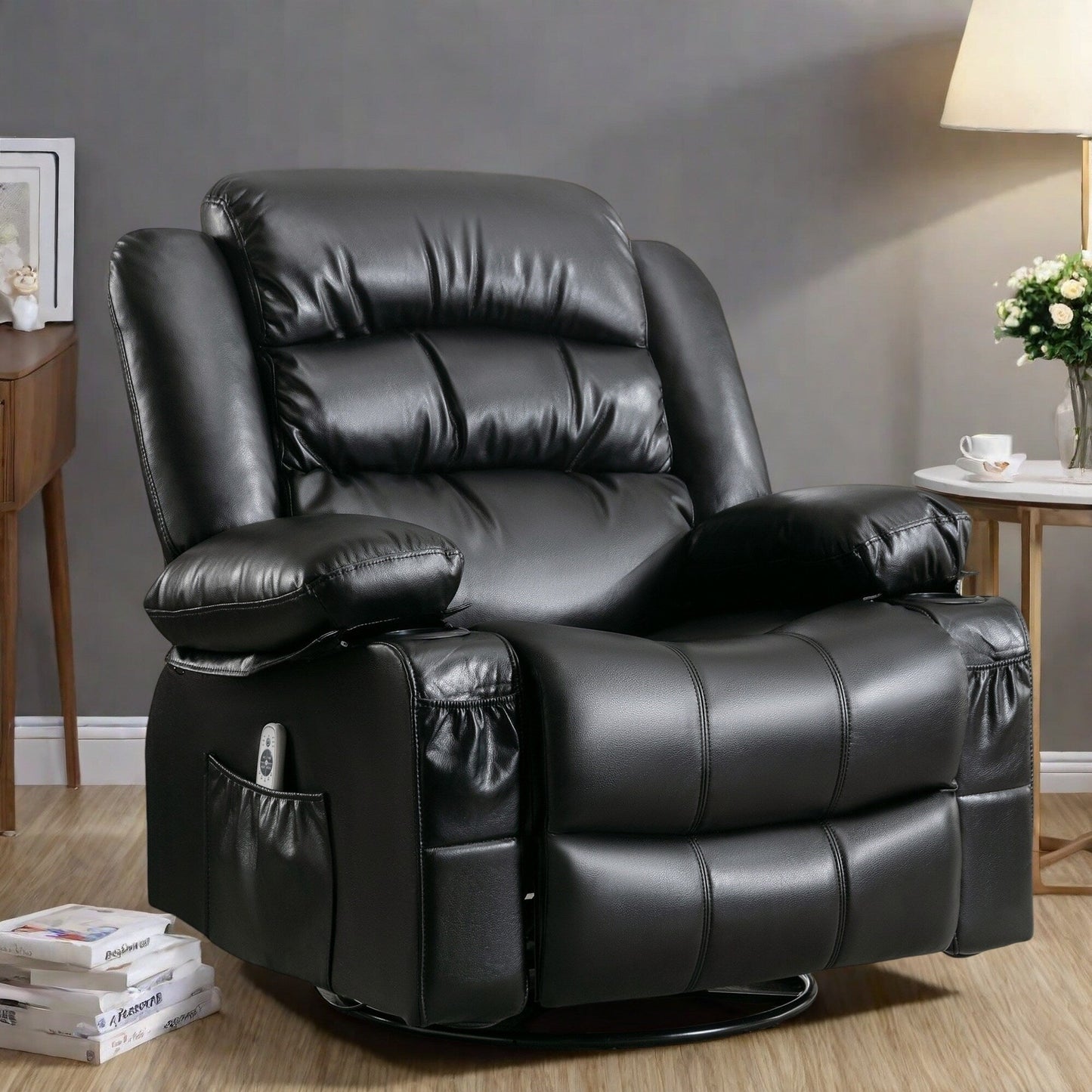 Fauteuil de massage inclinable manuel en cuir PU avec chauffage, pivotant à 360°, bascule et grandes poches de rangement