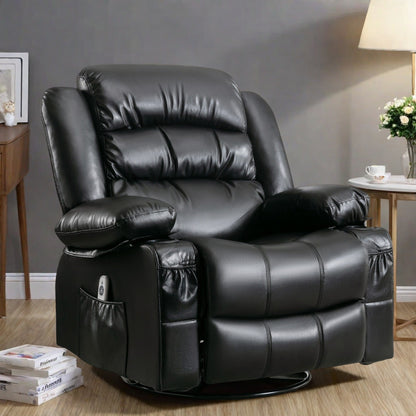Fauteuil de massage inclinable manuel en cuir PU avec chauffage, pivotant à 360°, bascule et grandes poches de rangement
