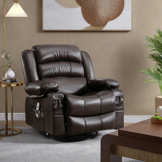 Fauteuil de massage inclinable manuel en cuir PU avec chauffage, pivotant à 360°, bascule et grandes poches de rangement