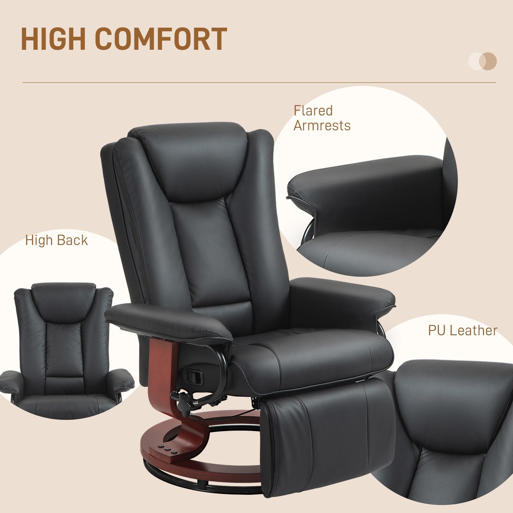 Fauteuil inclinable pivotant manuel, fauteuil de salon réglable en cuir PU, fauteuil à dossier haut avec repose-pieds et rembourrage