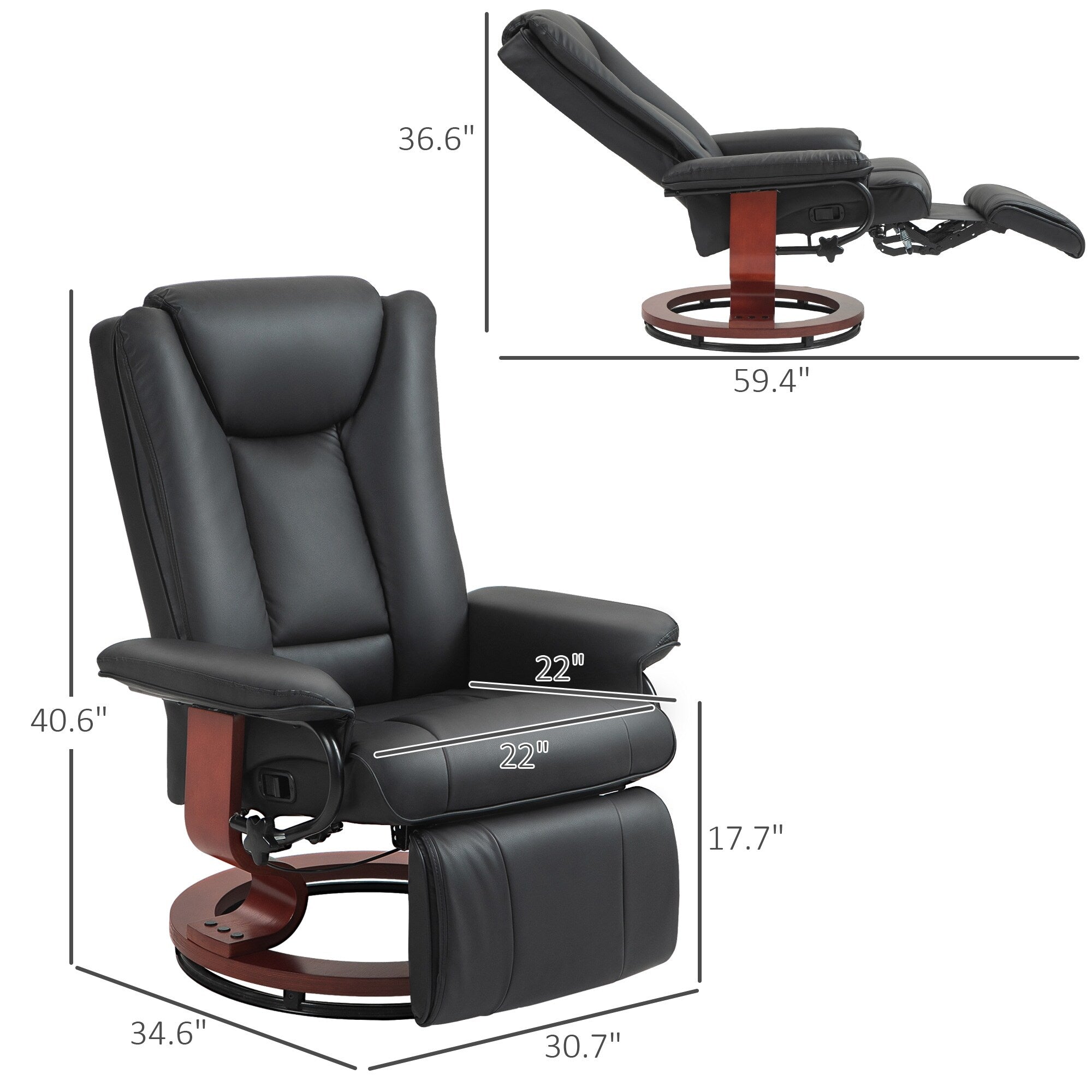 Fauteuil inclinable pivotant manuel, fauteuil de salon réglable en cuir PU, fauteuil à dossier haut avec repose-pieds et rembourrage
