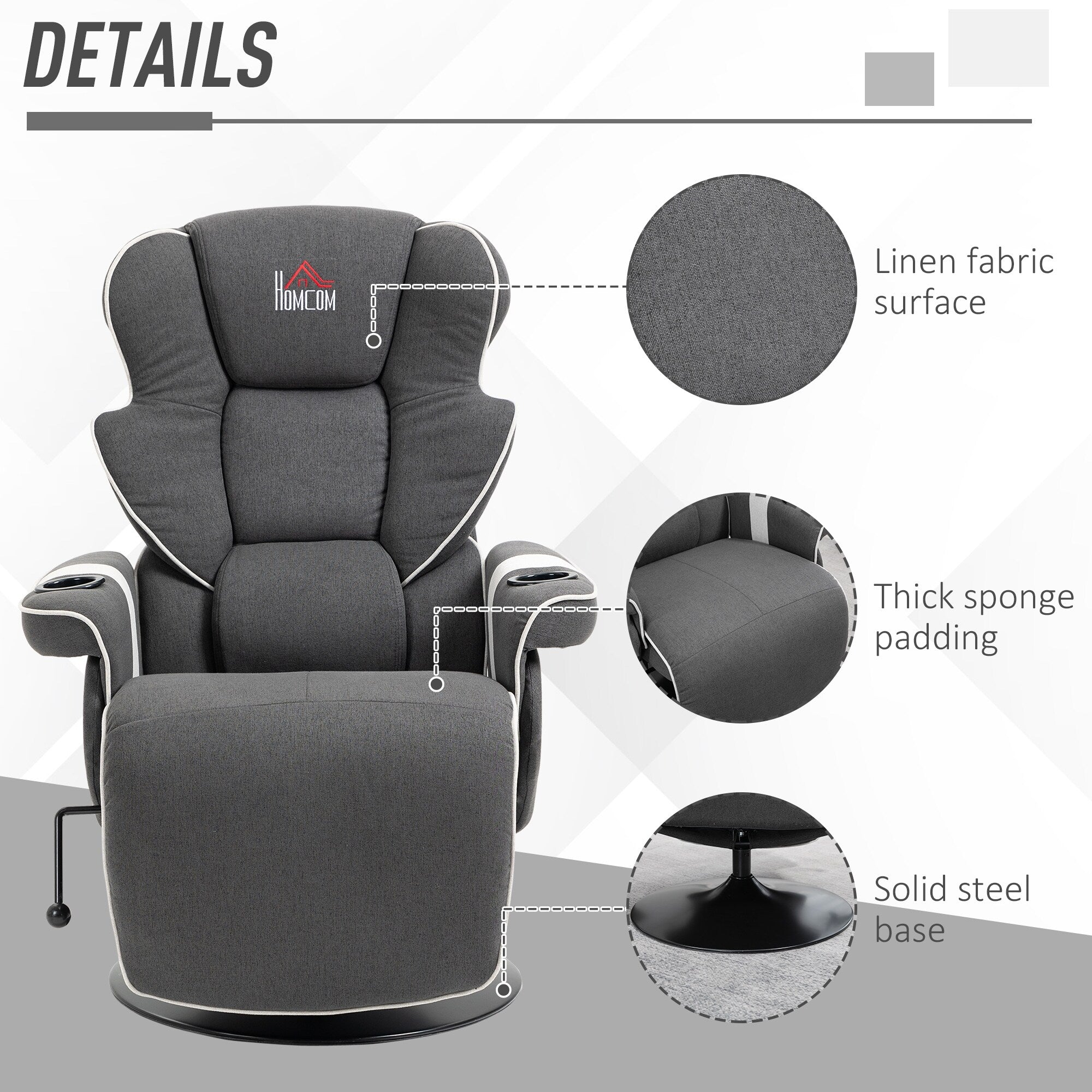 Fauteuil inclinable pivotant manuel, fauteuil de salon rembourré en lin avec dossier réglable, repose-pieds et deux porte-gobelets