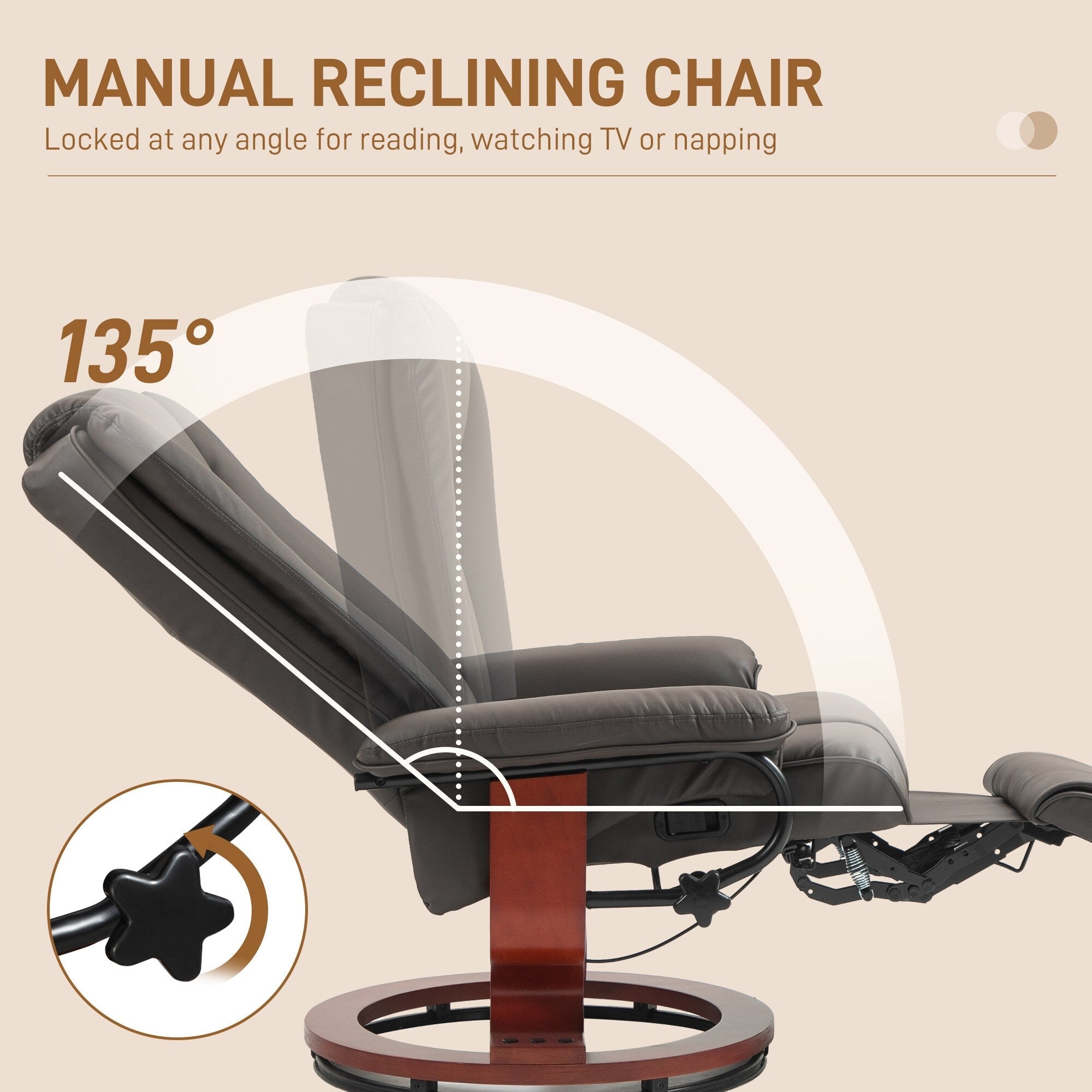 Fauteuil inclinable pivotant manuel en cuir synthétique, dossier réglable, chaise de lecture avec repose-pieds intégré