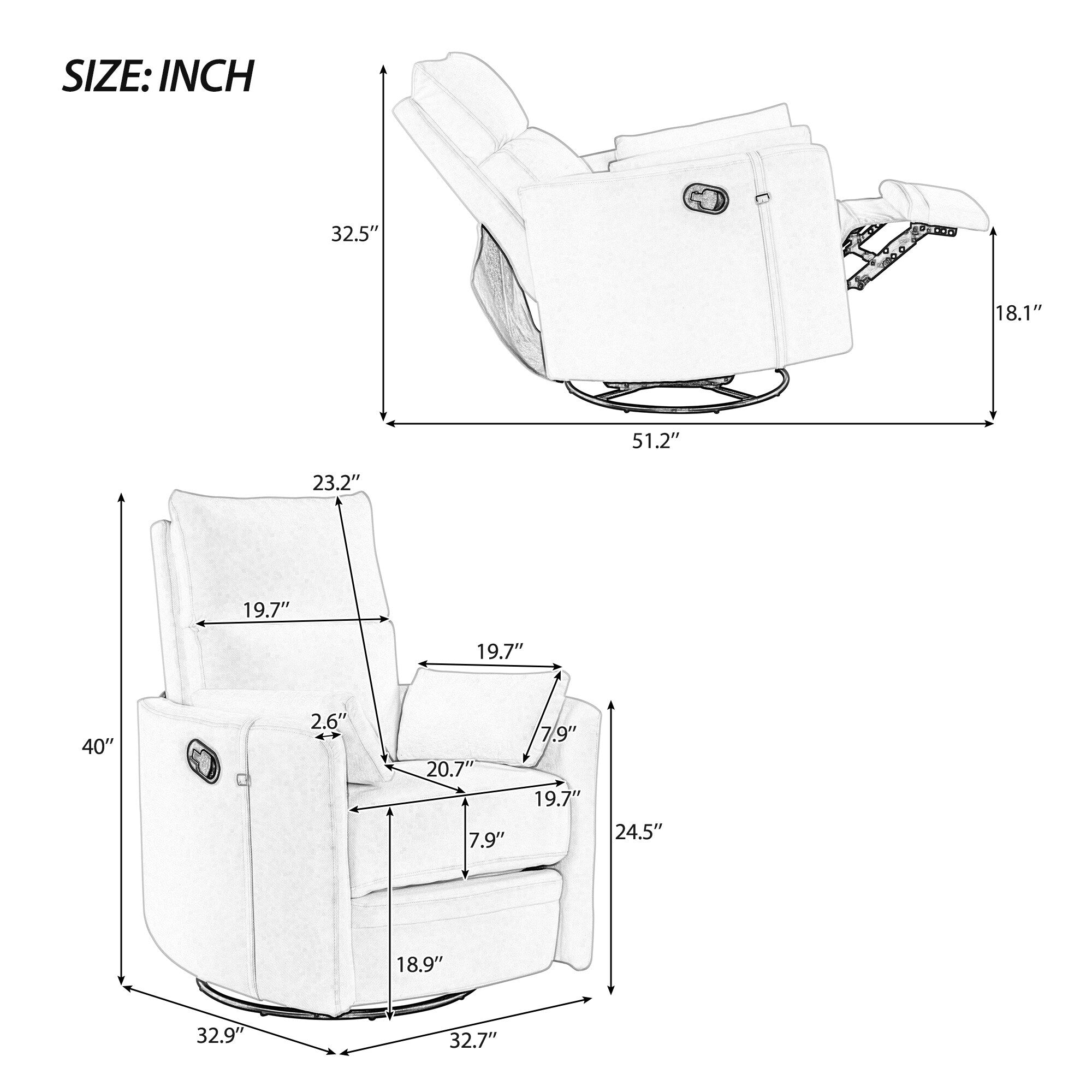 Fauteuil inclinable pivotant manuel avec mouvement de bascule, 2 oreillers amovibles, revêtement en lin et accoudoirs incurvés pour salon ou chambre d'enfant