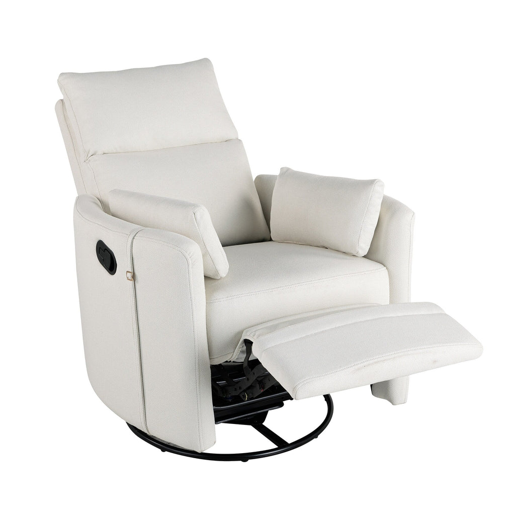 Fauteuil inclinable pivotant manuel avec mouvement de bascule, 2 oreillers amovibles, revêtement en lin et accoudoirs incurvés pour salon ou chambre d'enfant