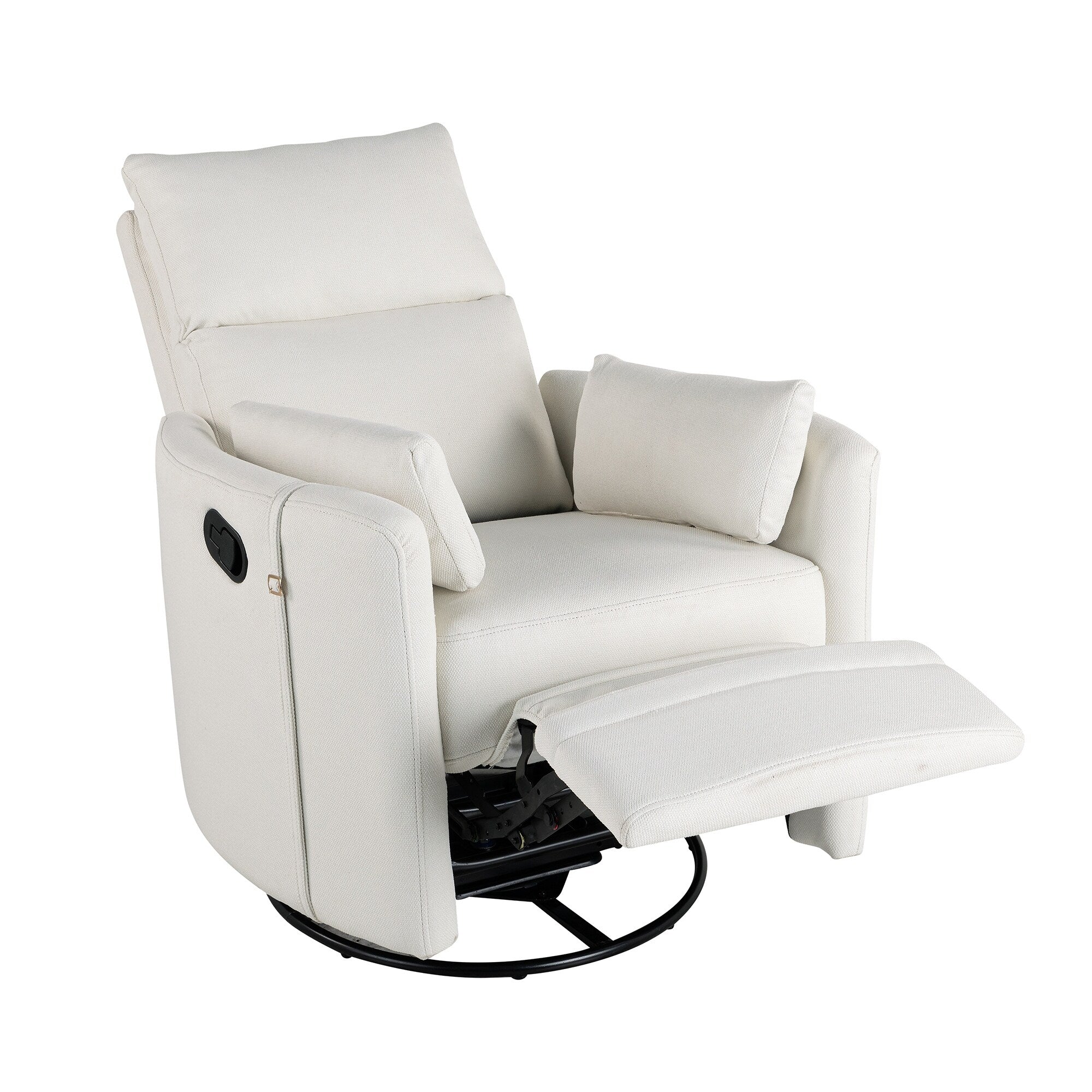 Fauteuil inclinable pivotant manuel avec mouvement de bascule, 2 oreillers amovibles, revêtement en lin et accoudoirs incurvés pour salon ou chambre d'enfant