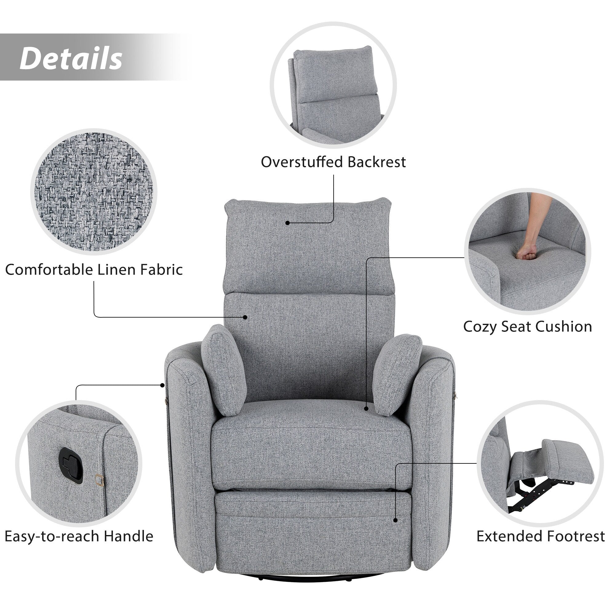 Fauteuil inclinable pivotant manuel avec mouvement de bascule, 2 oreillers amovibles, revêtement en lin et accoudoirs incurvés pour salon ou chambre d'enfant