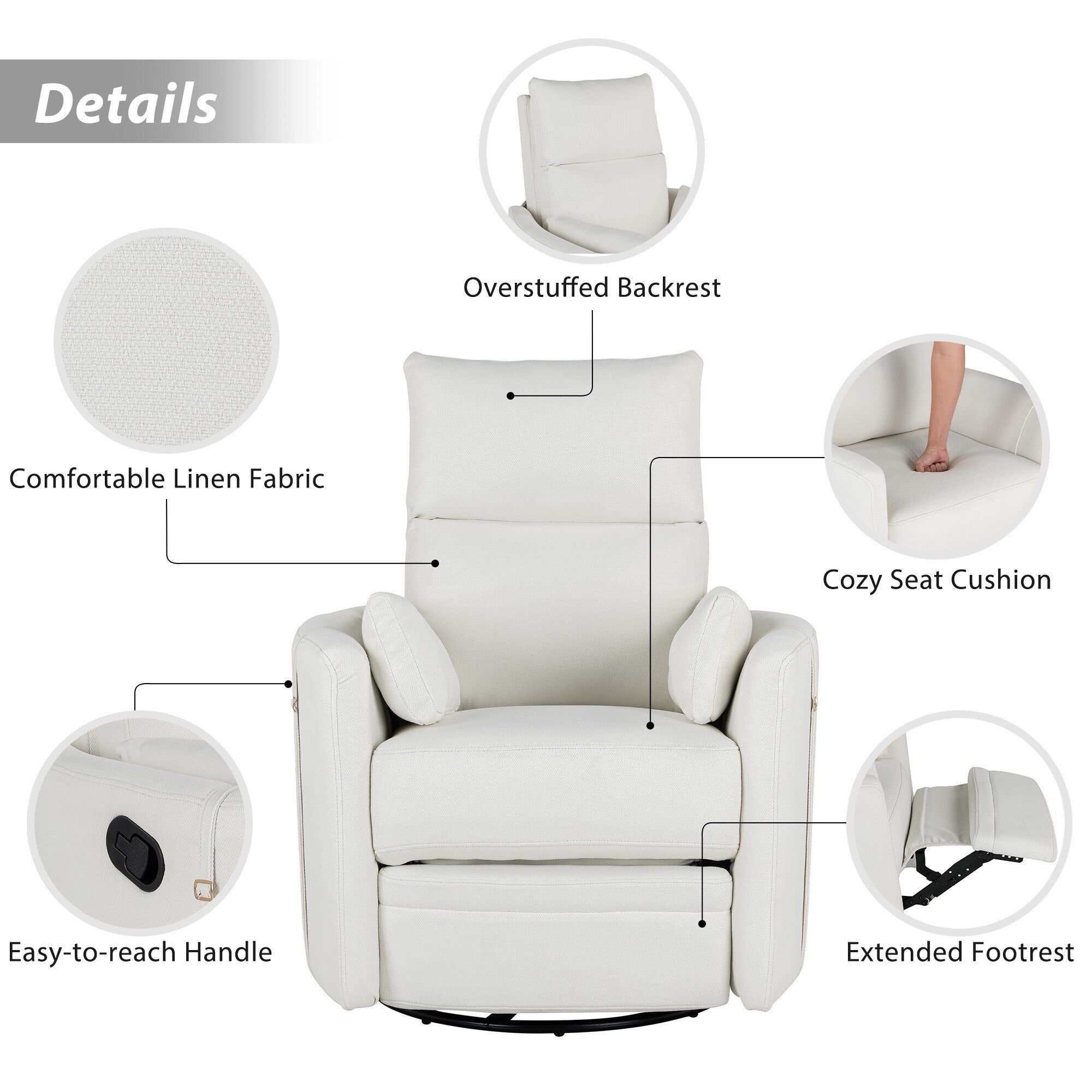 Fauteuil inclinable pivotant manuel avec mouvement de bascule, 2 oreillers amovibles, revêtement en lin et accoudoirs incurvés pour salon ou chambre d'enfant
