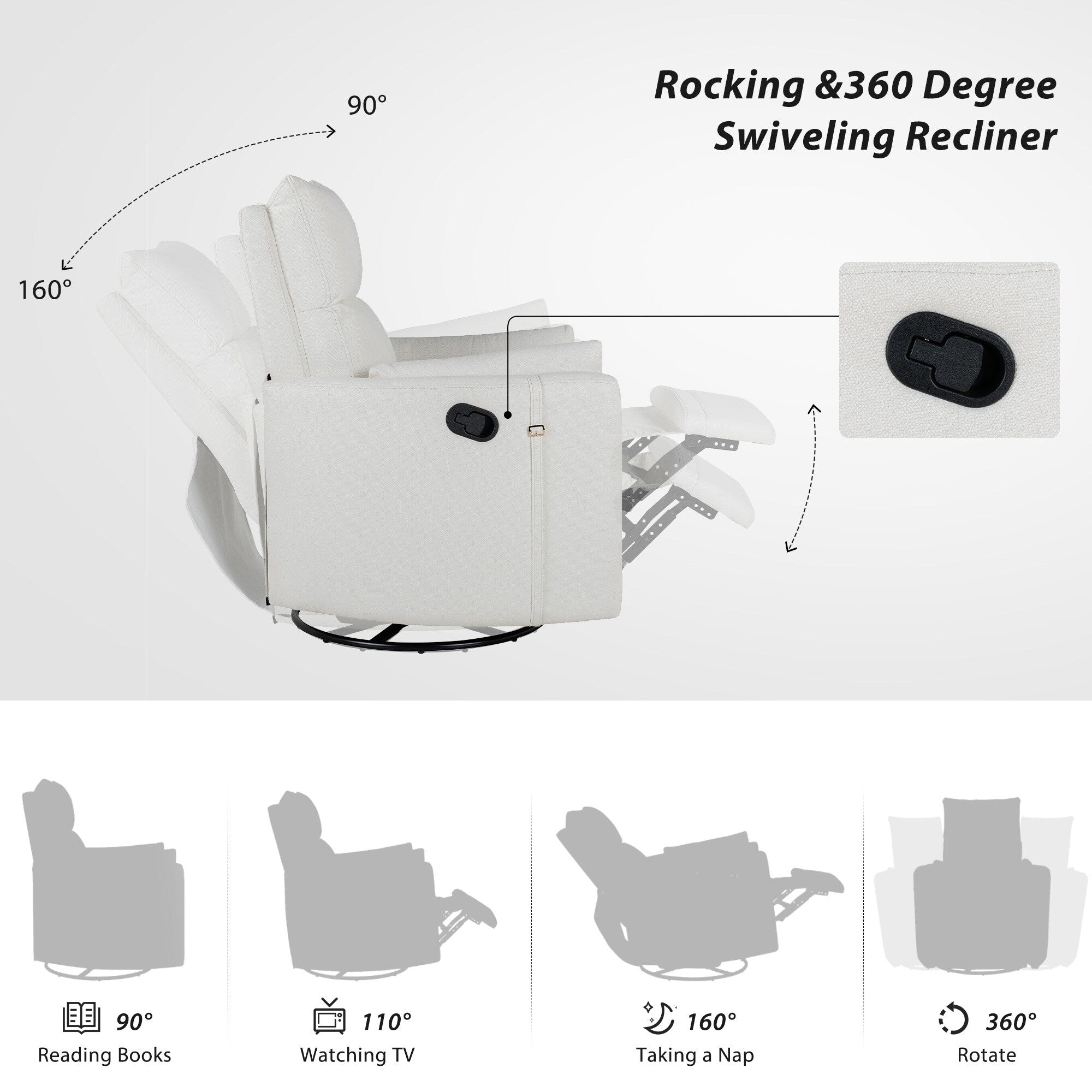 Fauteuil inclinable pivotant manuel avec mouvement de bascule, 2 oreillers amovibles, revêtement en lin et accoudoirs incurvés pour salon ou chambre d'enfant
