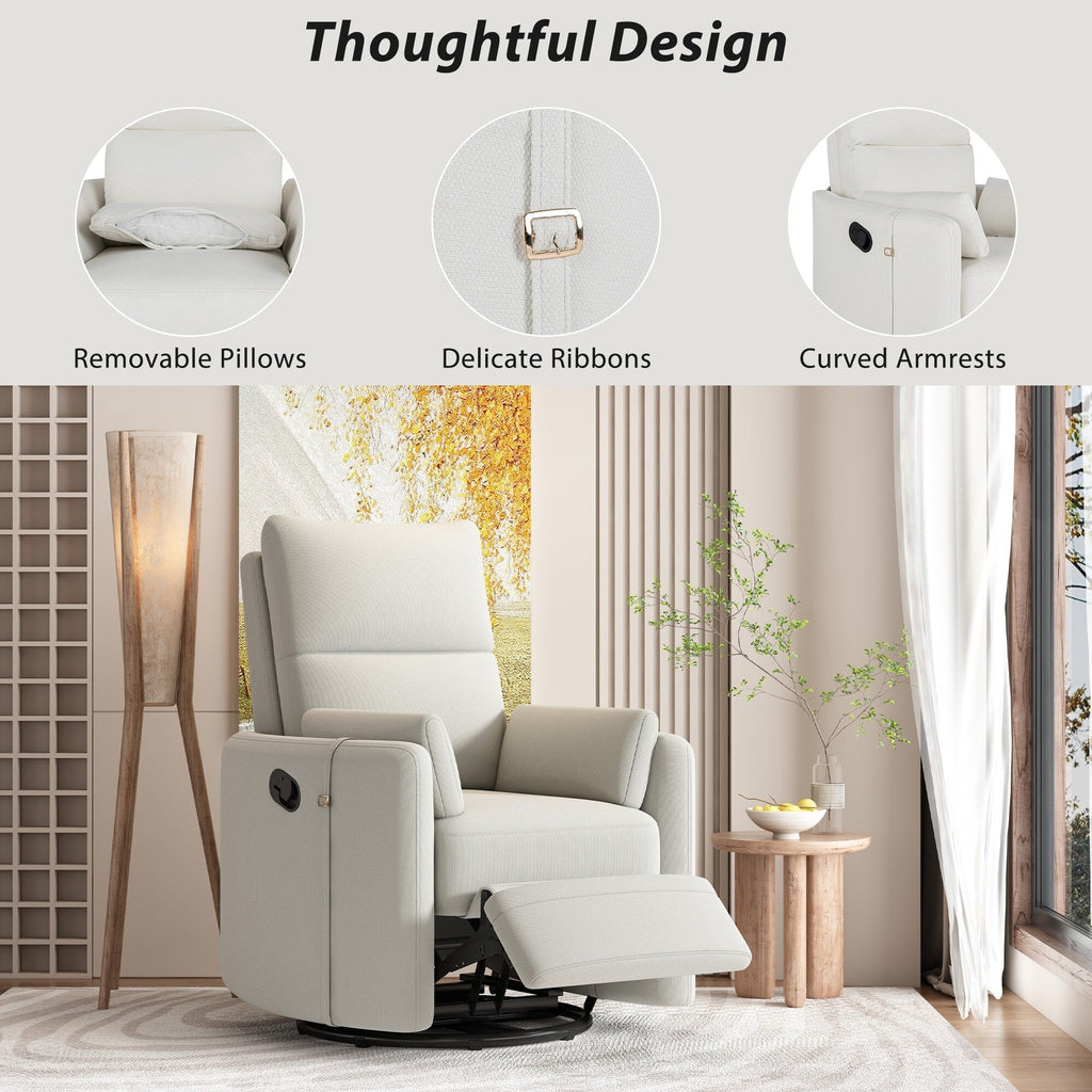 Fauteuil inclinable pivotant manuel avec mouvement de bascule, 2 oreillers amovibles, revêtement en lin et accoudoirs incurvés pour salon ou chambre d'enfant