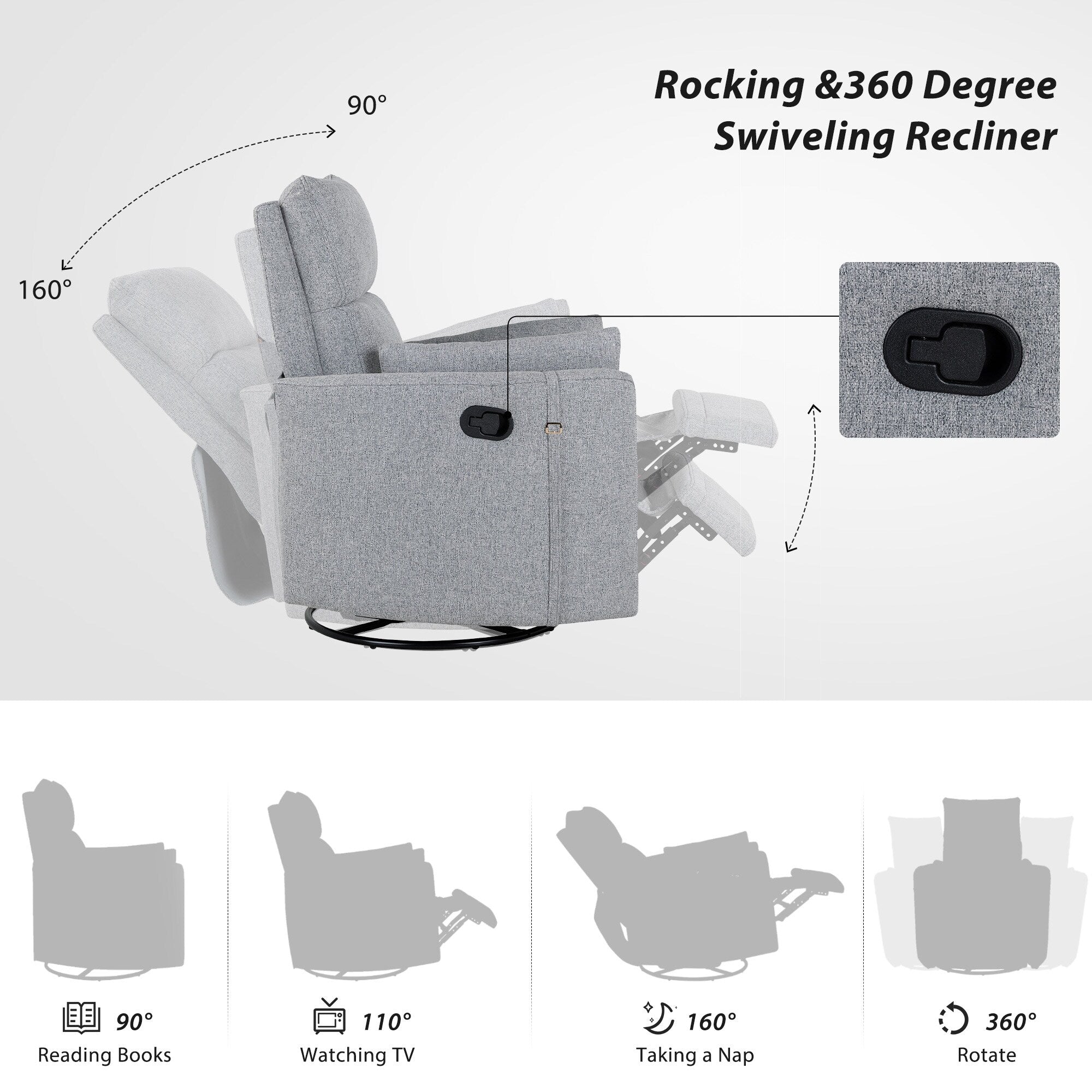 Fauteuil inclinable pivotant manuel avec mouvement de bascule, 2 oreillers amovibles, revêtement en lin et accoudoirs incurvés pour salon ou chambre d'enfant