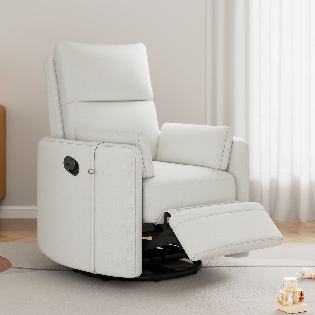 Fauteuil inclinable pivotant manuel avec mouvement de bascule, 2 oreillers amovibles, revêtement en lin et accoudoirs incurvés pour salon ou chambre d'enfant