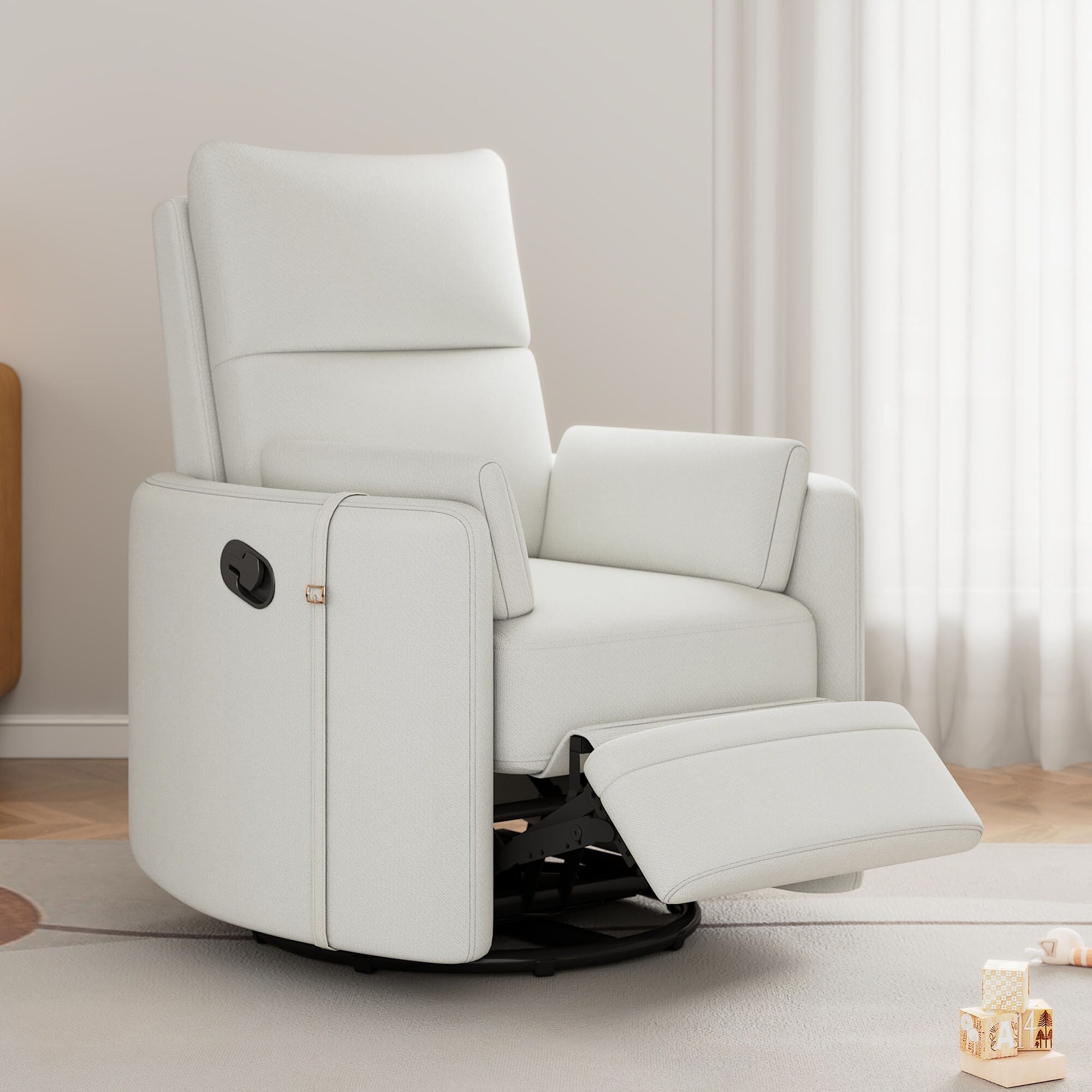 Fauteuil inclinable pivotant manuel avec mouvement de bascule, 2 oreillers amovibles, revêtement en lin et accoudoirs incurvés pour salon ou chambre d'enfant