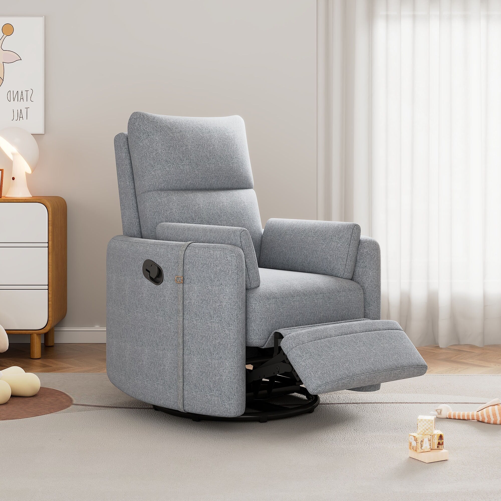 Fauteuil inclinable pivotant manuel avec mouvement de bascule, 2 oreillers amovibles, revêtement en lin et accoudoirs incurvés pour salon ou chambre d'enfant