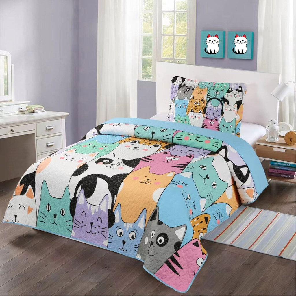 Parure de lit courtepointe pour enfants MarCielo motif chat WX202